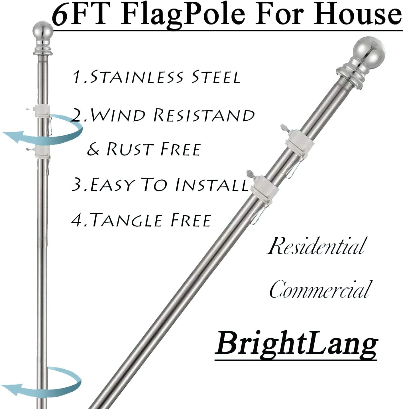 INFLATION 6FT Flag Pole Without Flag or Bracket - 1" Professional Tangle-Free Spinning Flag Pole for 3x5 US Marine Flag, Outdoor House Commercial Flagpole