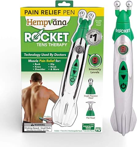 Hempvana Rocket Pain Relief Pen, As Seen On TV, Wireless TENS Therapy, Portable Muscle Stimulator - Same Technology Used by Doctors - Muscle Pain Relief -9 Adjustable Intensity Settings-3 Unique Heads