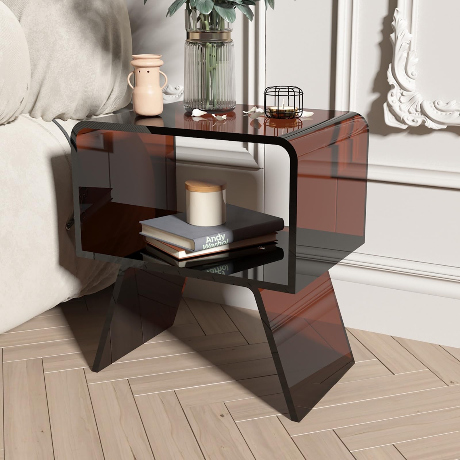 AMZBNEIDI Clear Acrylic Side Table Narrow, Coffee Side Table, Chic Acrylic End Table/Nightstand/Bedside(Brown)