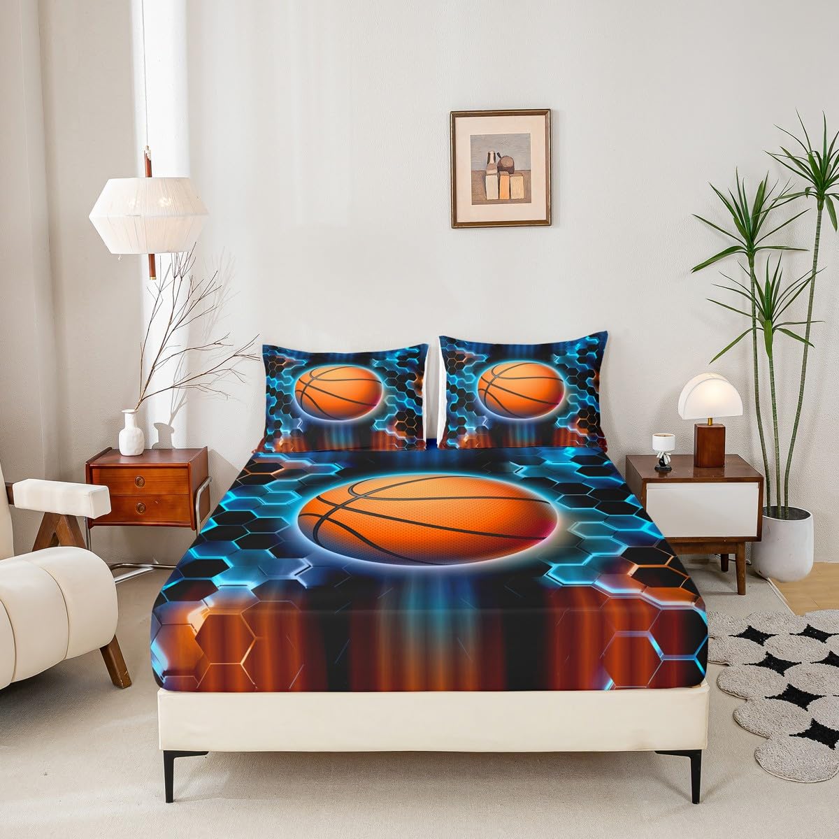 jejeloiu Kids Basketball Fitted Sheet Queen Size, Honeycomb Bed Sheet Set Boys Girls Gaming Sports Bedding Set Teens Bedroom Decor Lightweight Bed Set (No Flat Sheet)