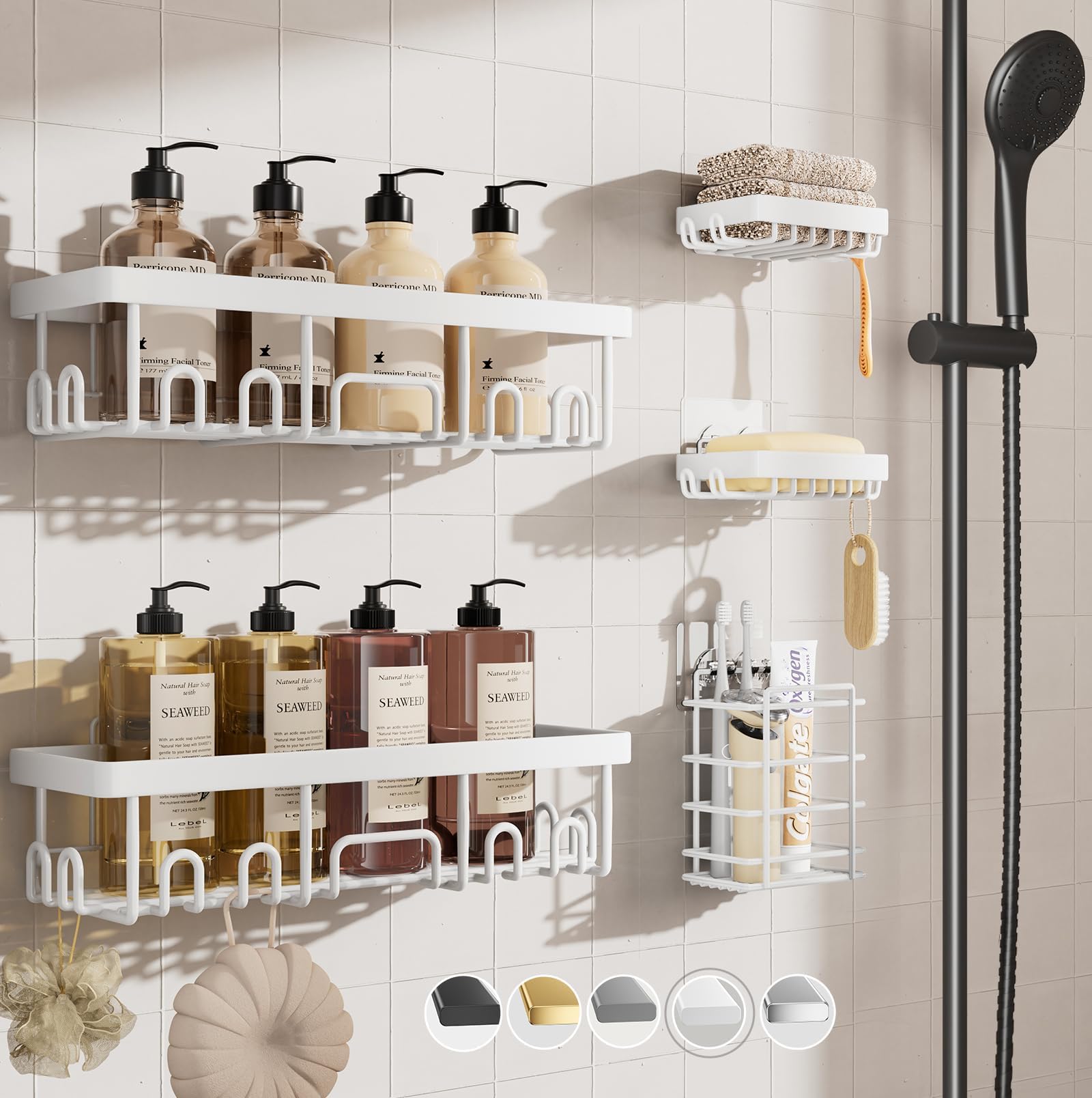 Veken Adhesive Shower Caddy 5-Pack,Heavy Weight Bearing,Large Wall Mounted Shower Shelves Rack,Organizer Storage Accessories with Soap Dish&Toothbrush Holder,Ideal for Bathroom,Home&Kitchen,White