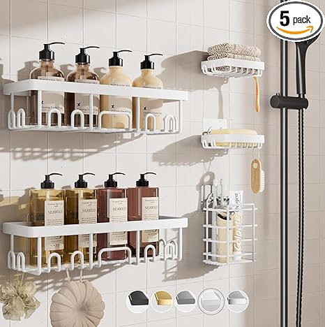 Veken Adhesive Shower Caddy 5-Pack,Heavy Weight Bearing,Large Wall Mounted Shower Shelves Rack,Organizer Storage Accessories with Soap Dish&Toothbrush Holder,Ideal for Bathroom,Home&Kitchen,White