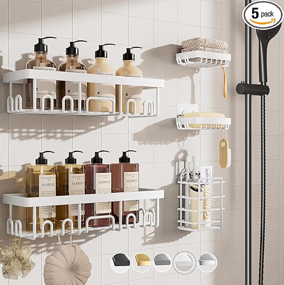 Veken Adhesive Shower Caddy 5-Pack,Heavy Weight Bearing,Large Wall Mounted Shower Shelves Rack,Organizer Storage Accessories with Soap Dish&Toothbrush Holder,Ideal for Bathroom,Home&Kitchen,White
