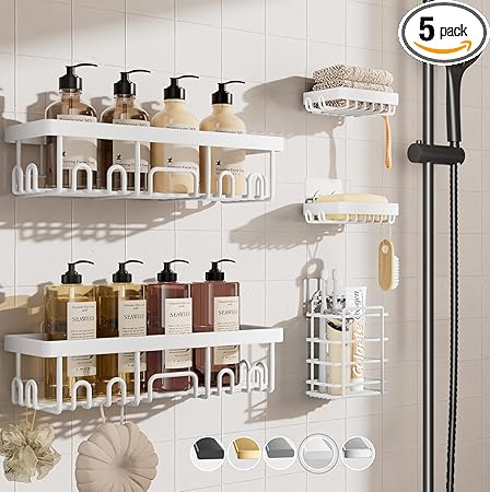 Veken Adhesive Shower Caddy 5-Pack,Heavy Weight Bearing,Large Wall Mounted Shower Shelves Rack,Organizer Storage Accessories with Soap Dish&Toothbrush Holder,Ideal for Bathroom,Home&Kitchen,White