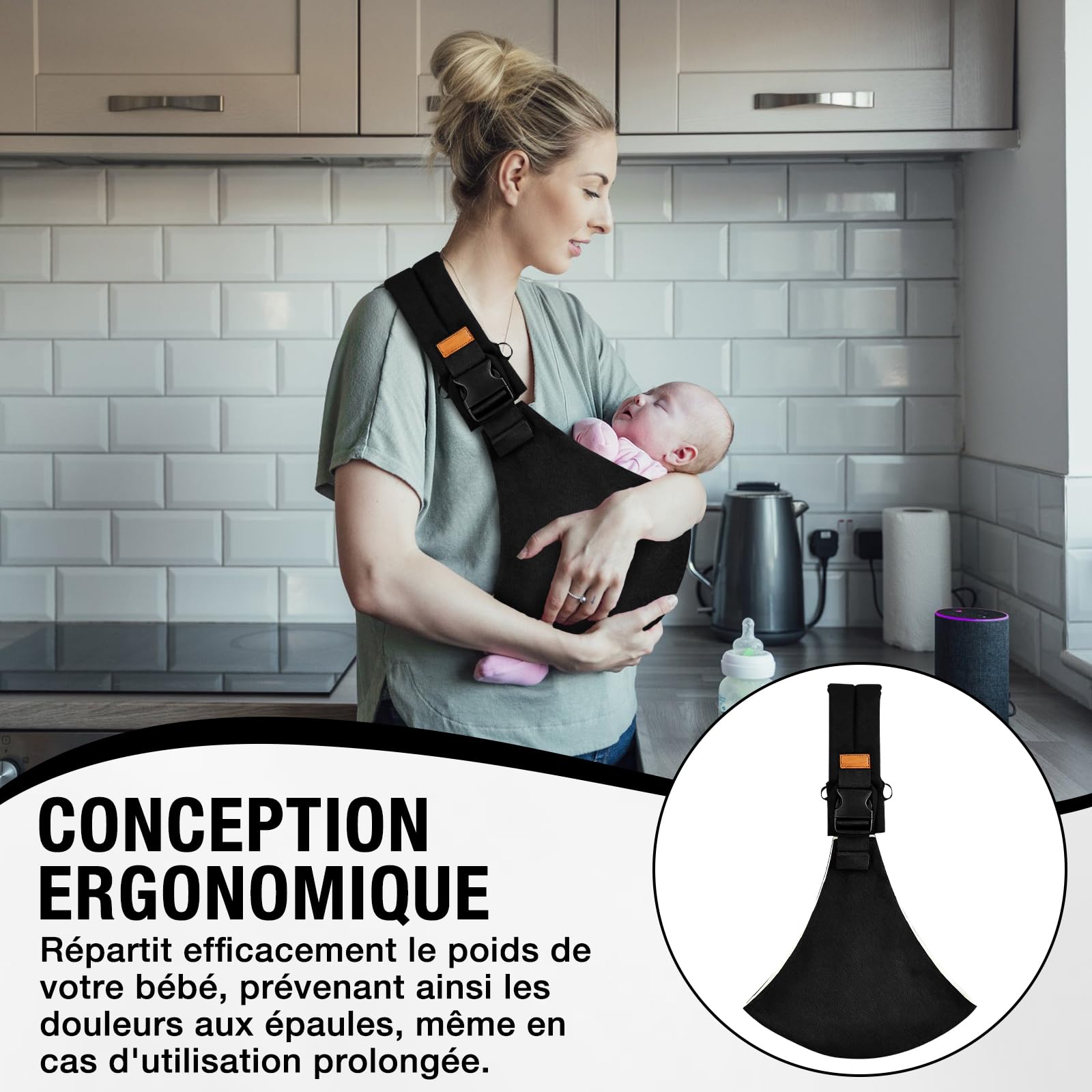 Écharpe de Portage Réglable Porte Bébé Hanche Respirant pour Nouveau-Nés et Tout-Petits jusqu'à 15 kg Noir