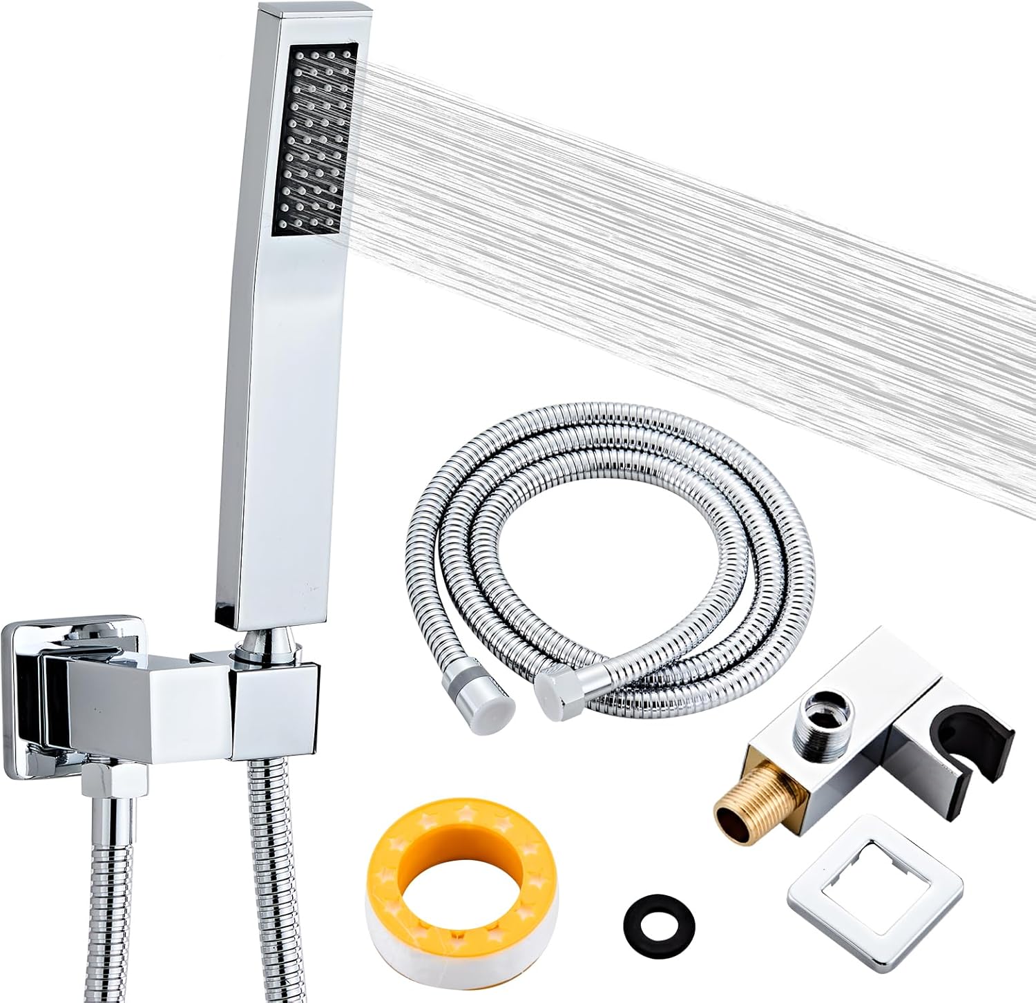 Bathroom Square Chrome Solid Brass Hand Held Shower Head With Wall Connector and Hose System Wall Mount Handheld Showerheads Set