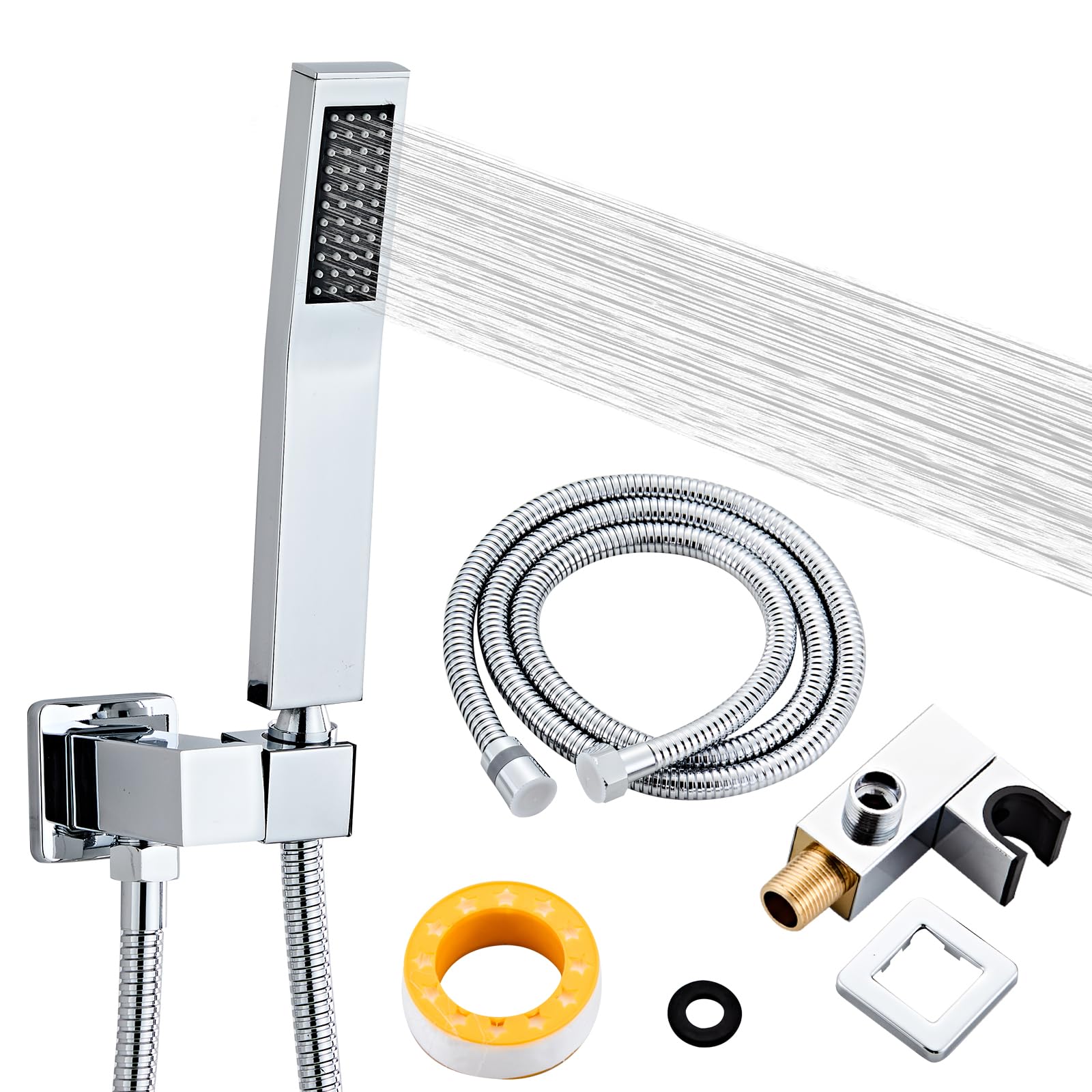Cabezal de ducha de mano cuadrado de latón macizo cromado con conector de pared y sistema de manguera, montaje en pared, juego de cabezales de ducha de mano