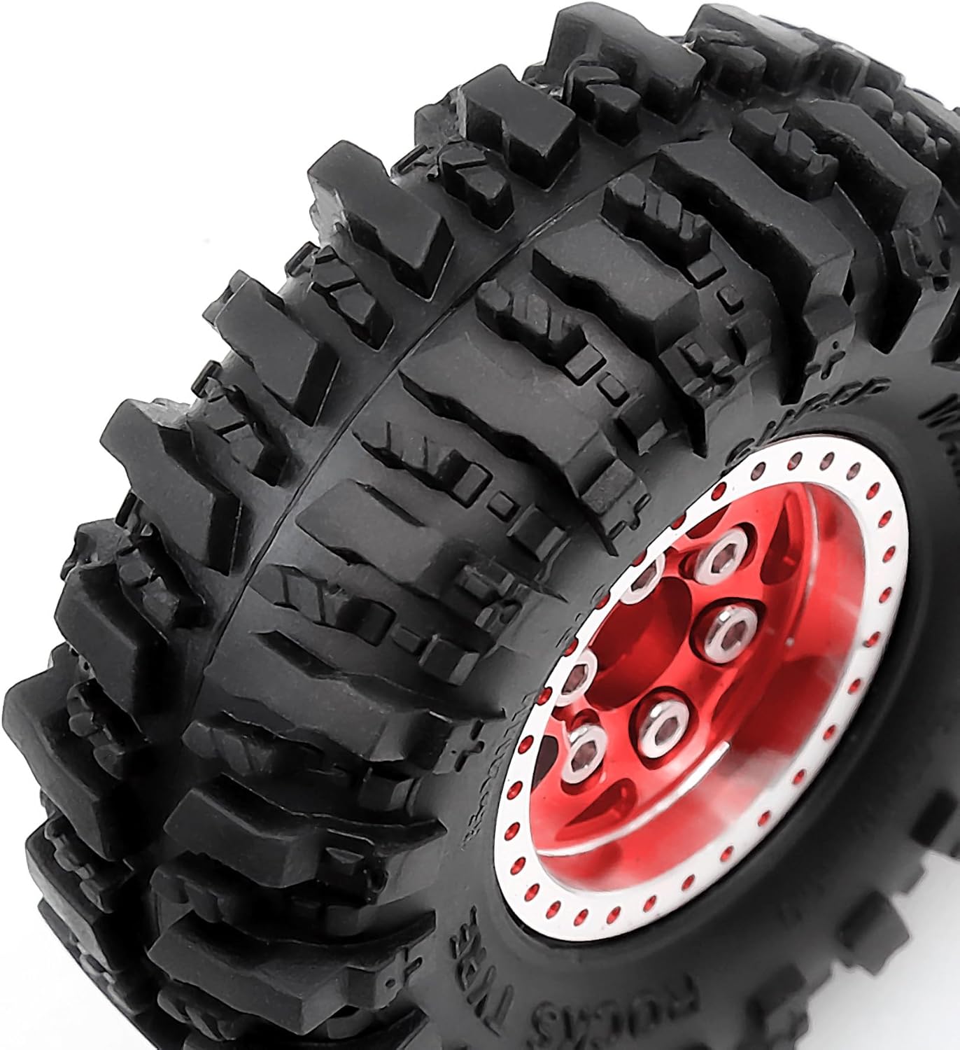 1.0 Beadlock Wheels and Tires Set（4pcs） Aluminum Wheel Hub 1.0 Tires OD 55mm/2.2in 1.0 Crawler Tires for Axial SCX24 AX24 TRX4M FCX24 Upgrade 1/24 1/18 RC Crawler Car (Red（6-Spoke）)