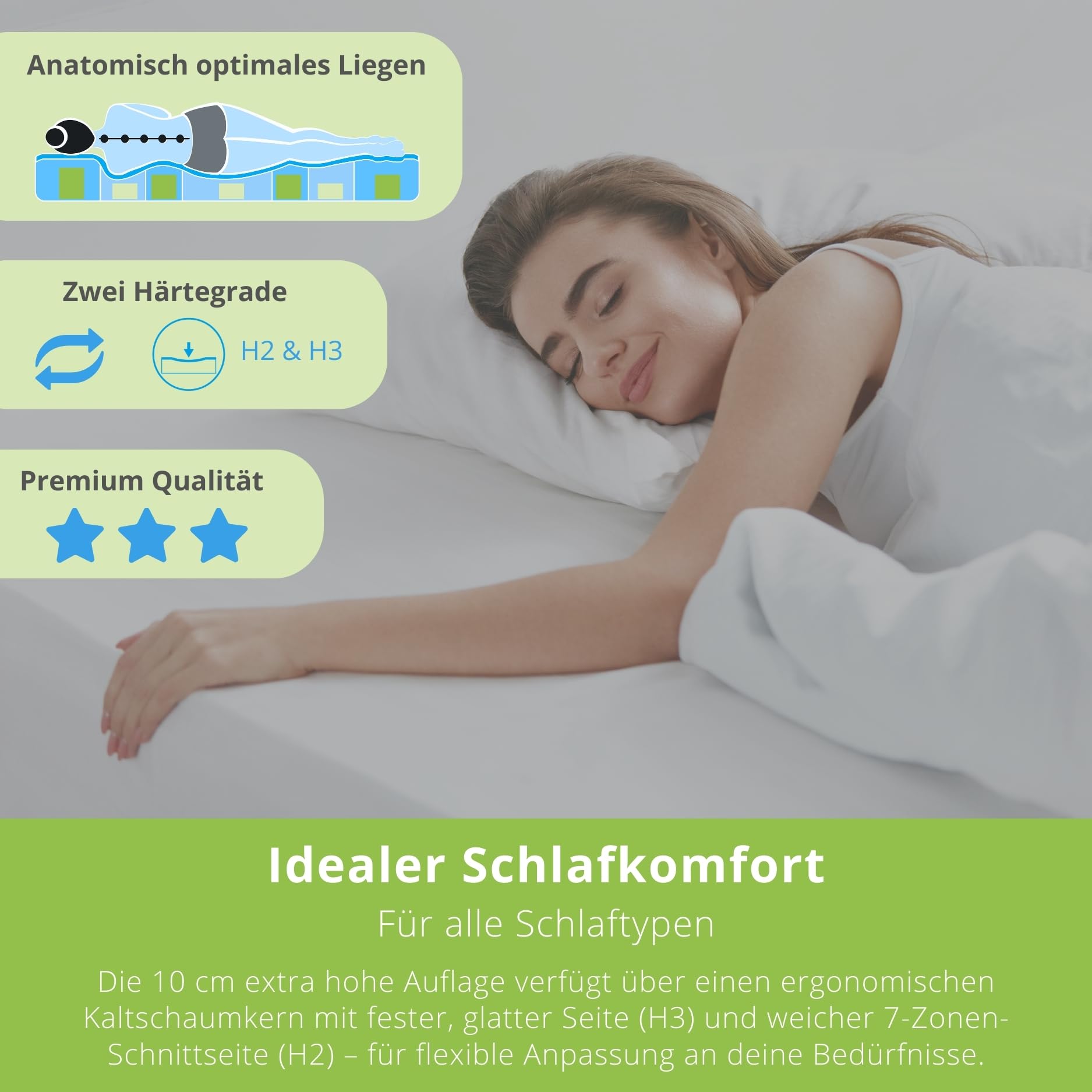 Bodyprotect Matratzentopper 120x200cm, 10cm hoch, Kaltschaum Matratzen/Mattress Topper, H2 & H3, Matratzenauflage 120x200 cm, Made in EU, Waschbar, Oeko-Tex
