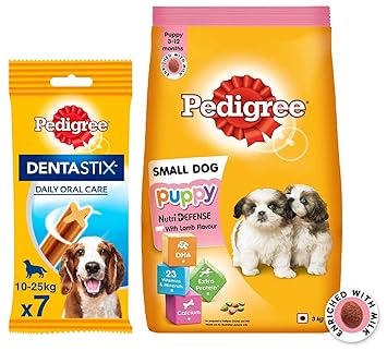 Pedigree Puppy Small Dog Dry Food, Lamb & Milk Flavour ? 3 Kg Pack & Pedigree Dentastix Medium Breed (10-25 kg) Oral Care Dog Treat, 180g Weekly Pack (7 Chew Sticks)