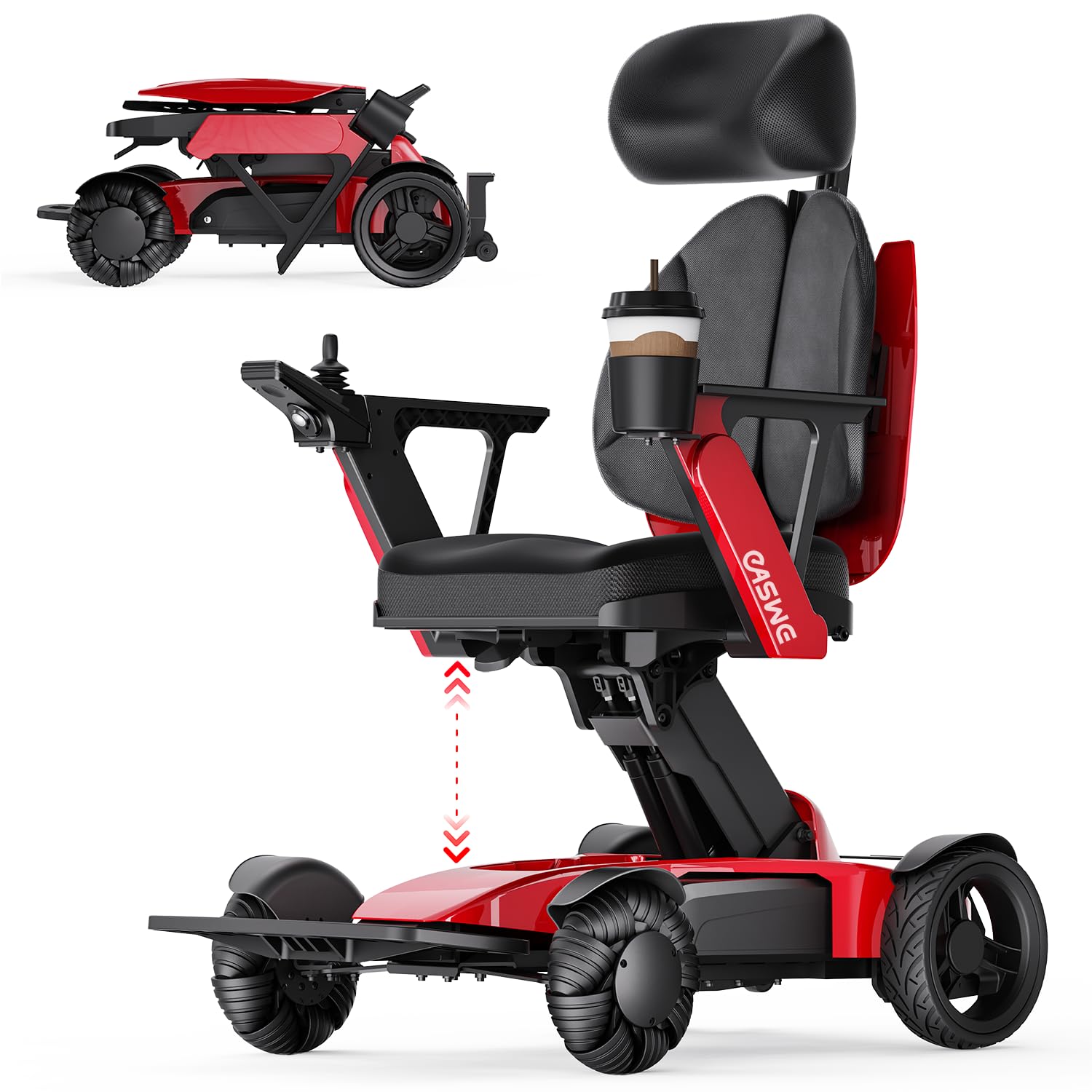 L10 Sedia a rotelle elettrica per adulti, pieghevole, altezza regolabile elettricamente 40‑60cm, motori 400W senza spazzole, adatta a tutti i terreni, portatile (Rosso, Ampere/ore, 24)