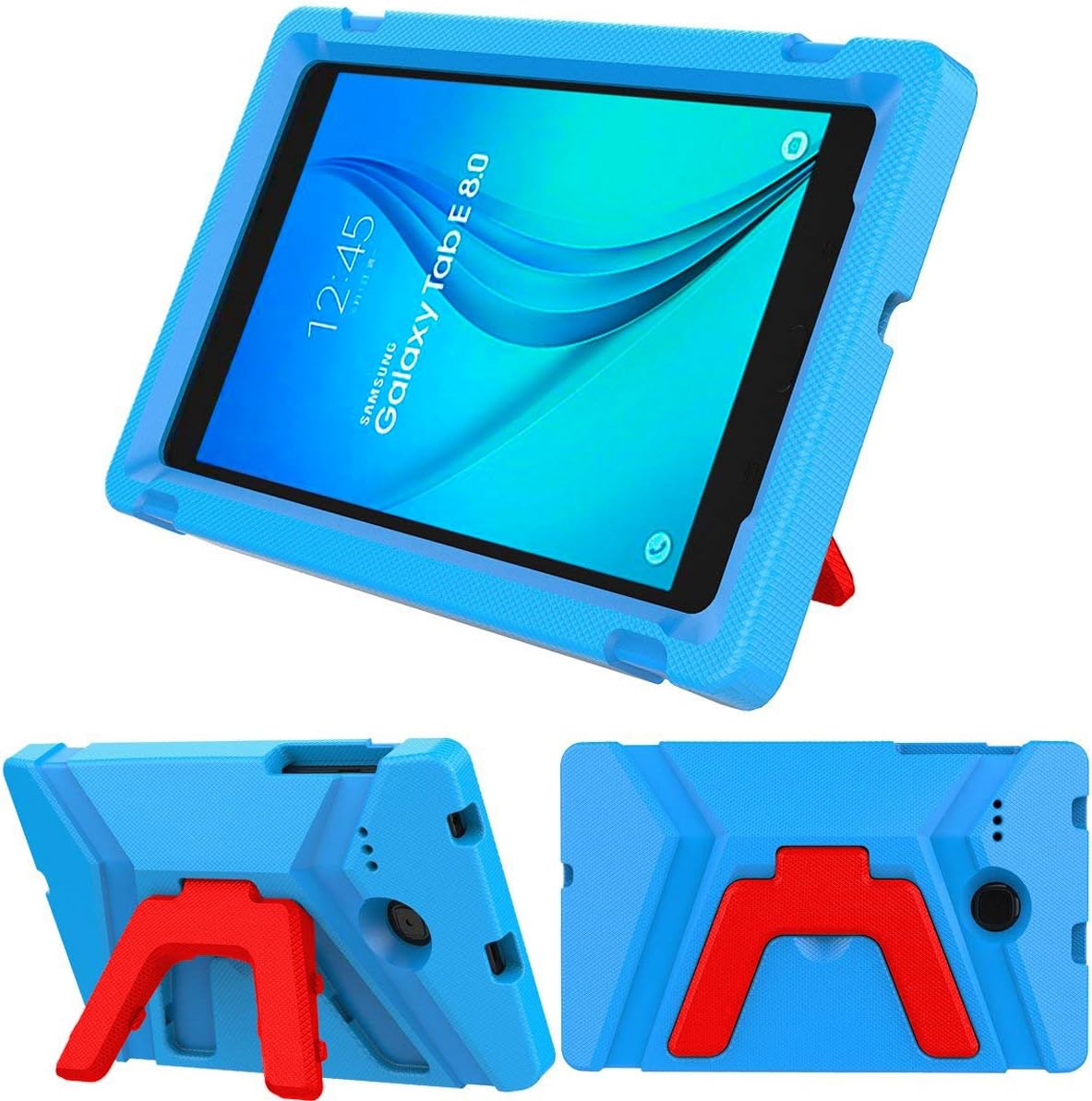Samsung Galaxy Tab E 8.0 Case by KIQ (TM) Snug Kids Proof Shock Absorbant Foam Bumper Child Case for Samsung Galaxy Tab E 8.0 T377 - Baby Blue/Red Kickstand