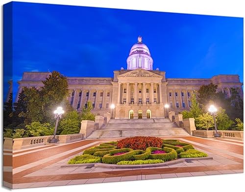 Frankfort Kentucky USA - Arte de pared para sala de estar, dormitorio, decoración del hogar, paisaje atardecer con el Capitolio del estado de