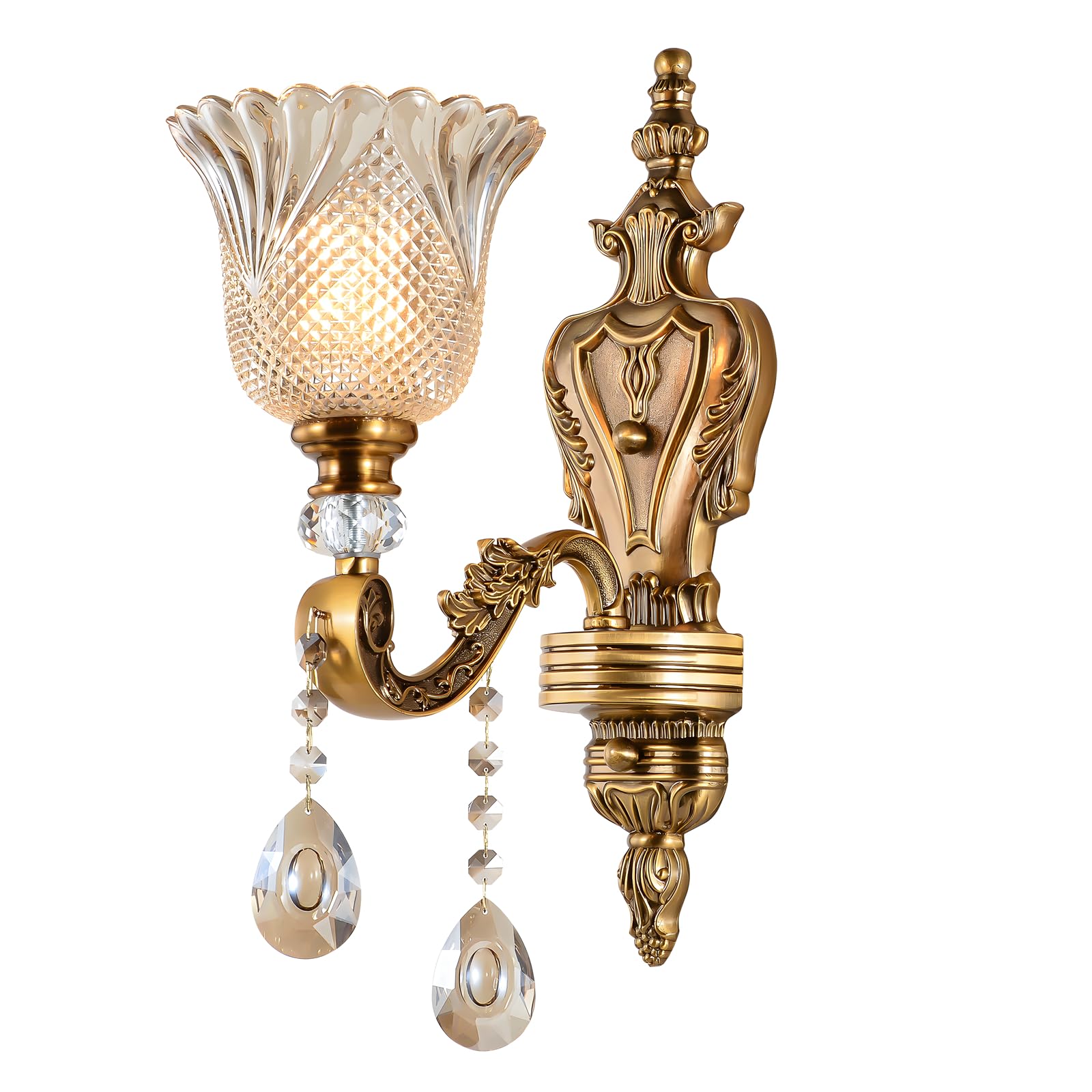 Vintage Floral Wall Mount Lamp 1 Head Crystal Glass Shade Wall Sconce Light Retro Golden Bronze Color Decoration Metal Wall Lamp, Bedside Living Room Restaurant Stairs Hotel Bars (E14 Base, No Bulb)