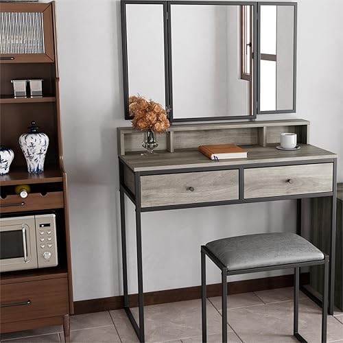 Miniatura 4 de LEEMTORIG Juego de mesa de tocador con espejo triple plegable, escritorio de maquillaje de 36 pulgadas de ancho con espejo y taburete acolchado,