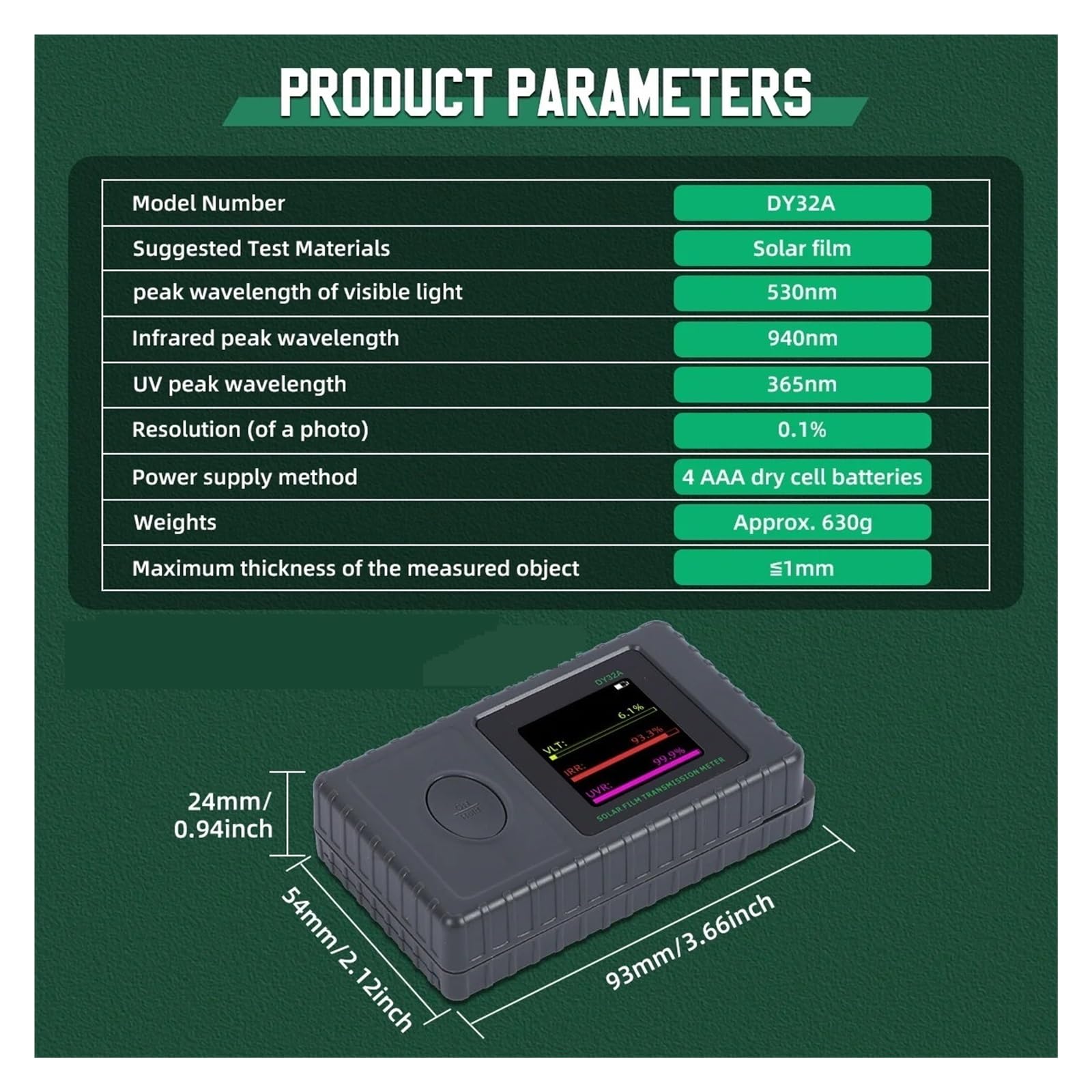 Medidor de transmisión de película solar DY32A Medidor de tinte de ventana portátil Probador de rechazo de UV e IR de transmitancia de luz visible
