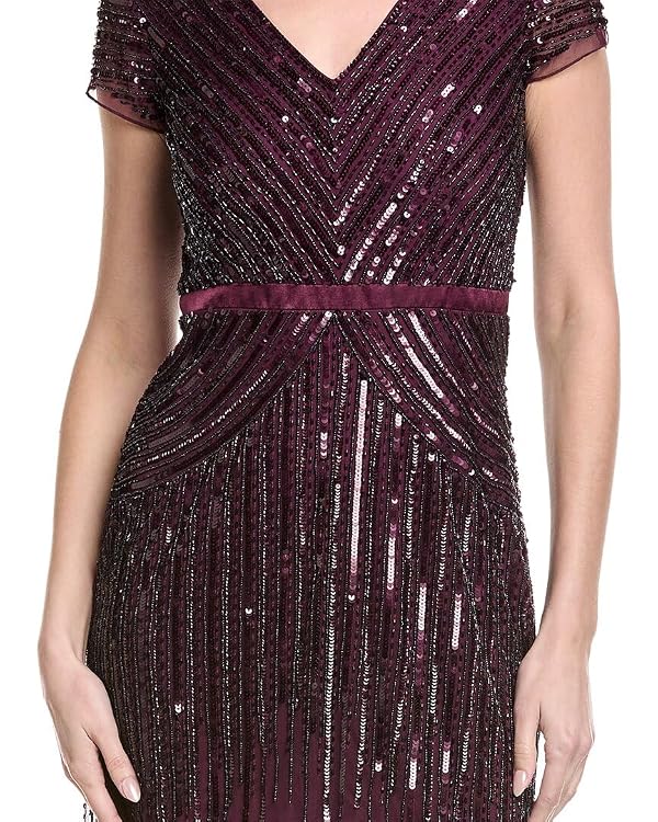 Adrianna Papell Women's Long Beaded V-Neck Dress with Cap Sleeves and Waistband, Cassis, 12 by Adrianna Papell - Used condition - Image 3