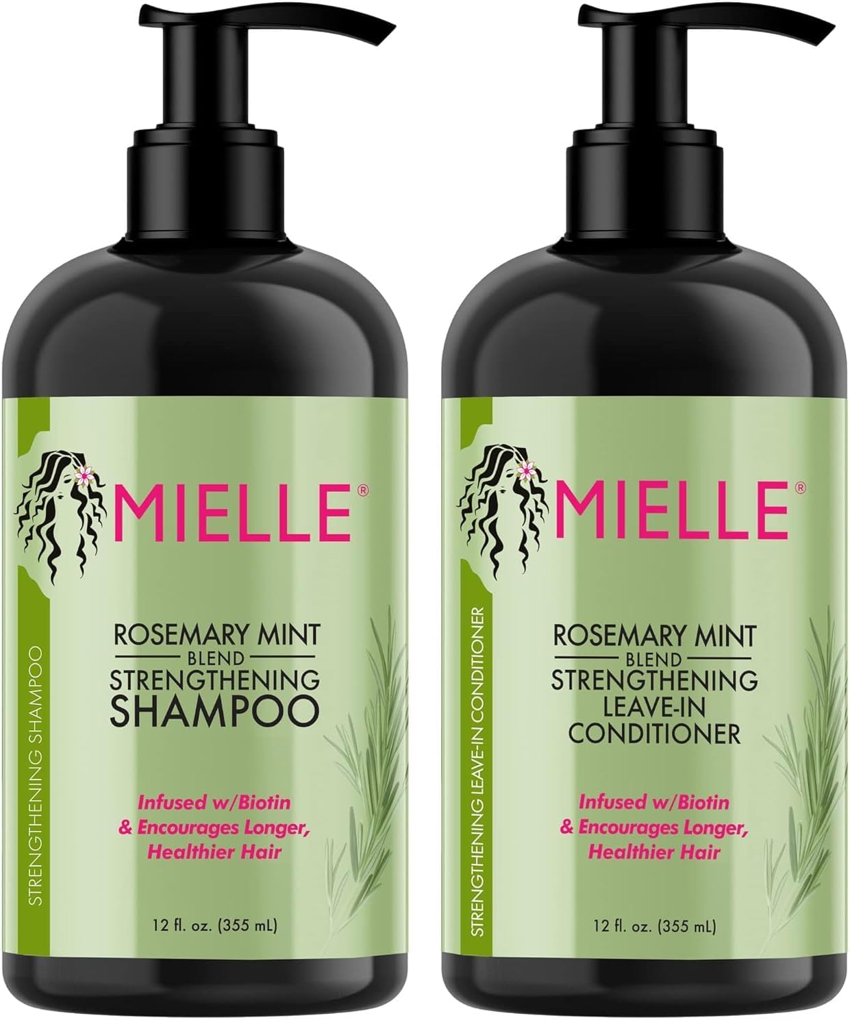 Mielle Rosemary Mint Strengthening Shampoo doordrenkt met biotine, reinigt en helpt zwak en broos haar te versterken, 12 oz (SET VAN 2)