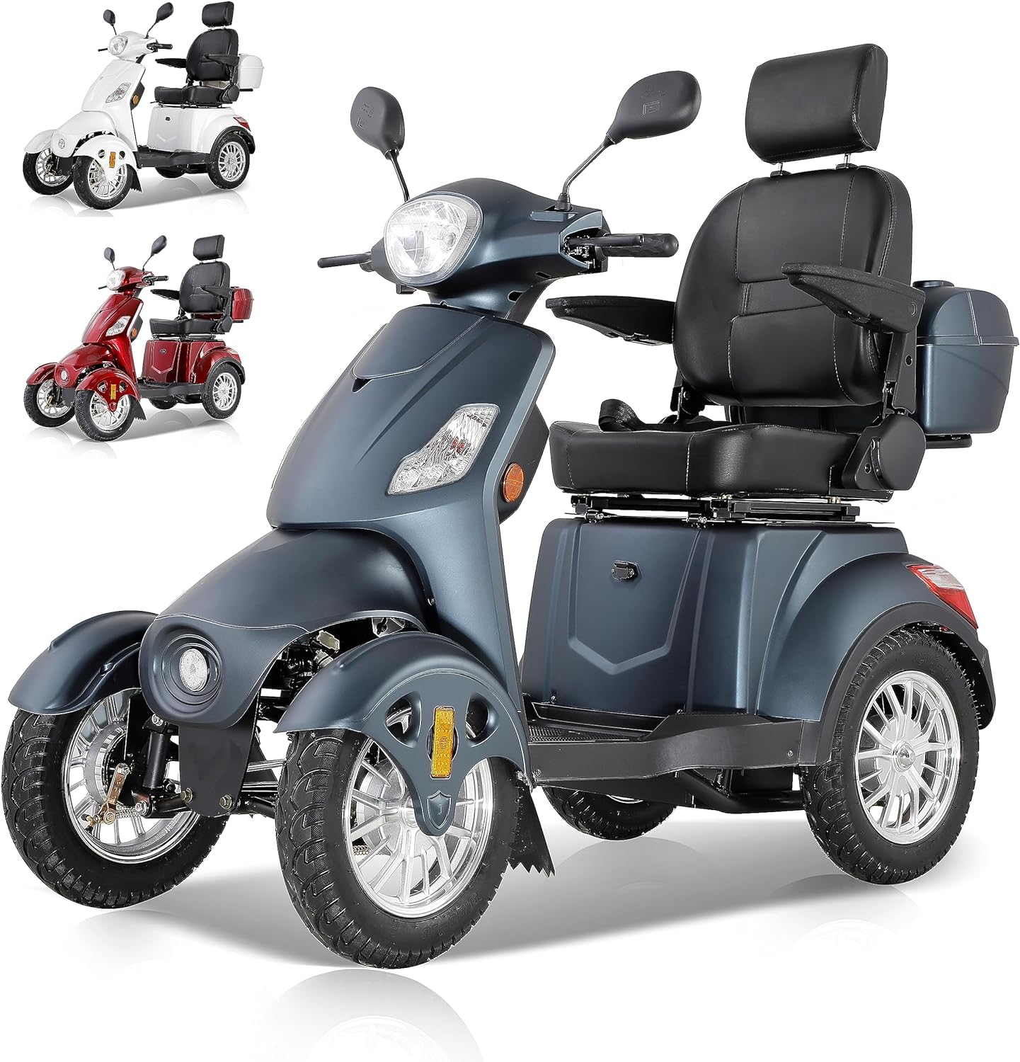 Scooter électrique à 4 roues avec 3 vitesses, grand espace de stockage, tête et accoudoirs réglables et dossier. Convient pour différents terrains avec phares, feux arrière et réflecteurs. Poids