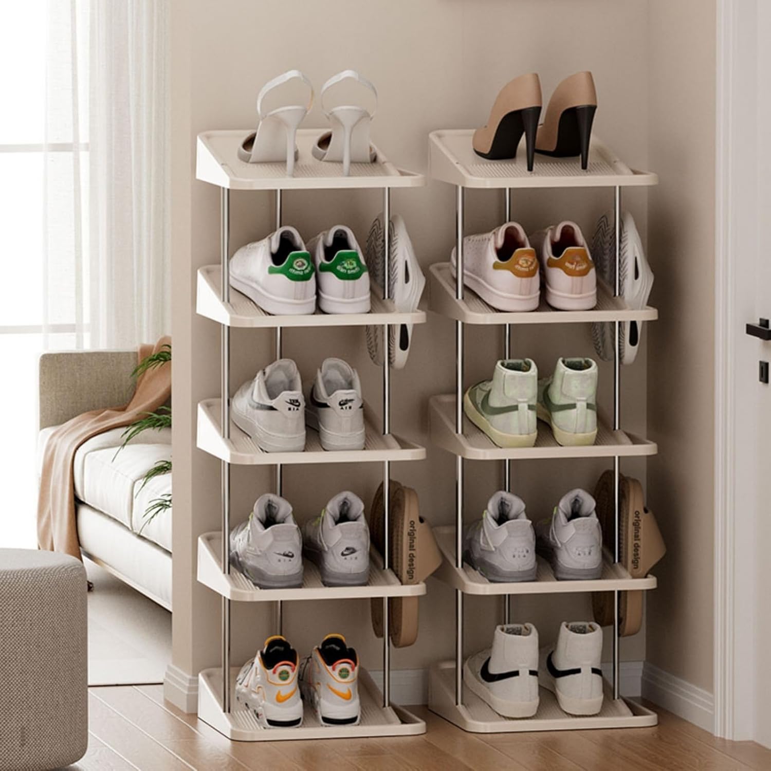 Vertical Shoe Rack,7 Tiers Stackable Shoe Rack for 14 Pairs,Narrow Shoe Tower,Space Saving,for Entryway,Living Room,Bedroom,Closet,DIY Free Standing Shoe Organizer(Khaki,7 Tiers)