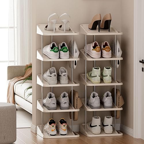 Miniatura 4 de Zapatero vertical apilable de 5 niveles para 10 pares, torre de zapatos estrecha, ahorro de espacio, para entrada, sala de estar, dormitorio,
