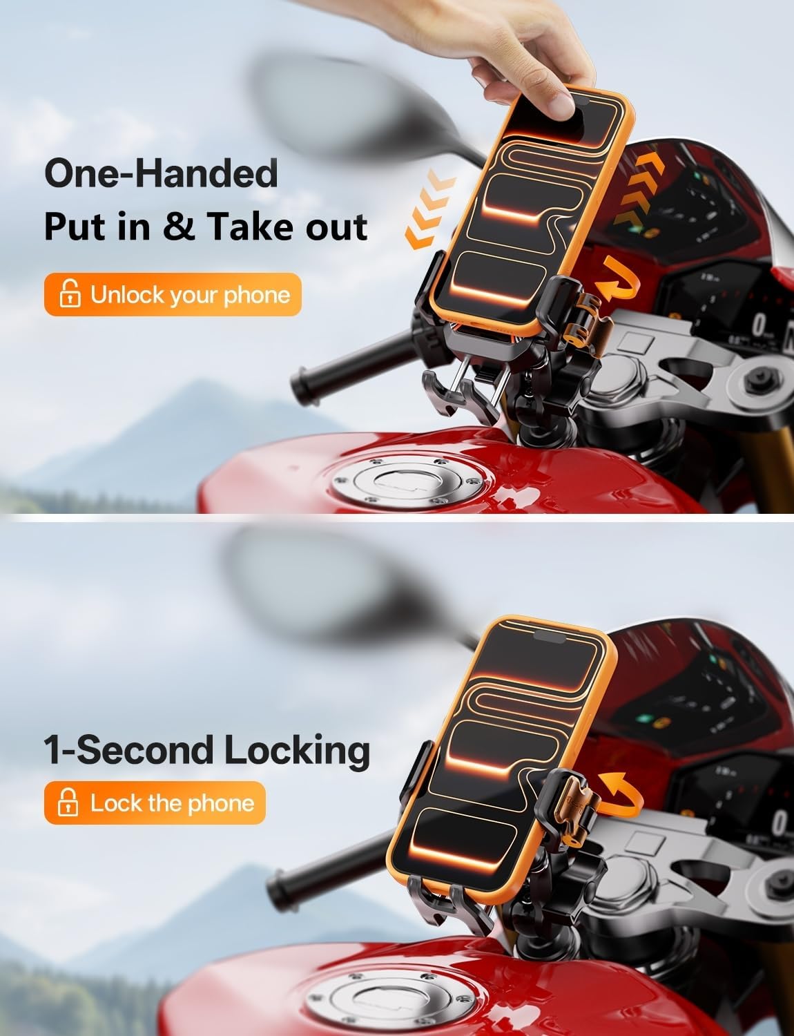 Kewig Motorcycle Phone Fork Stem Mount with Vibration Dampener [Anti-Theft] [Camera Friendly] Cellphone Cradle Fits Stem Tubes 12mm-25.4mm in Diameter for Motorcycle Adjustable Size Fit 5.4-7.2" Phone