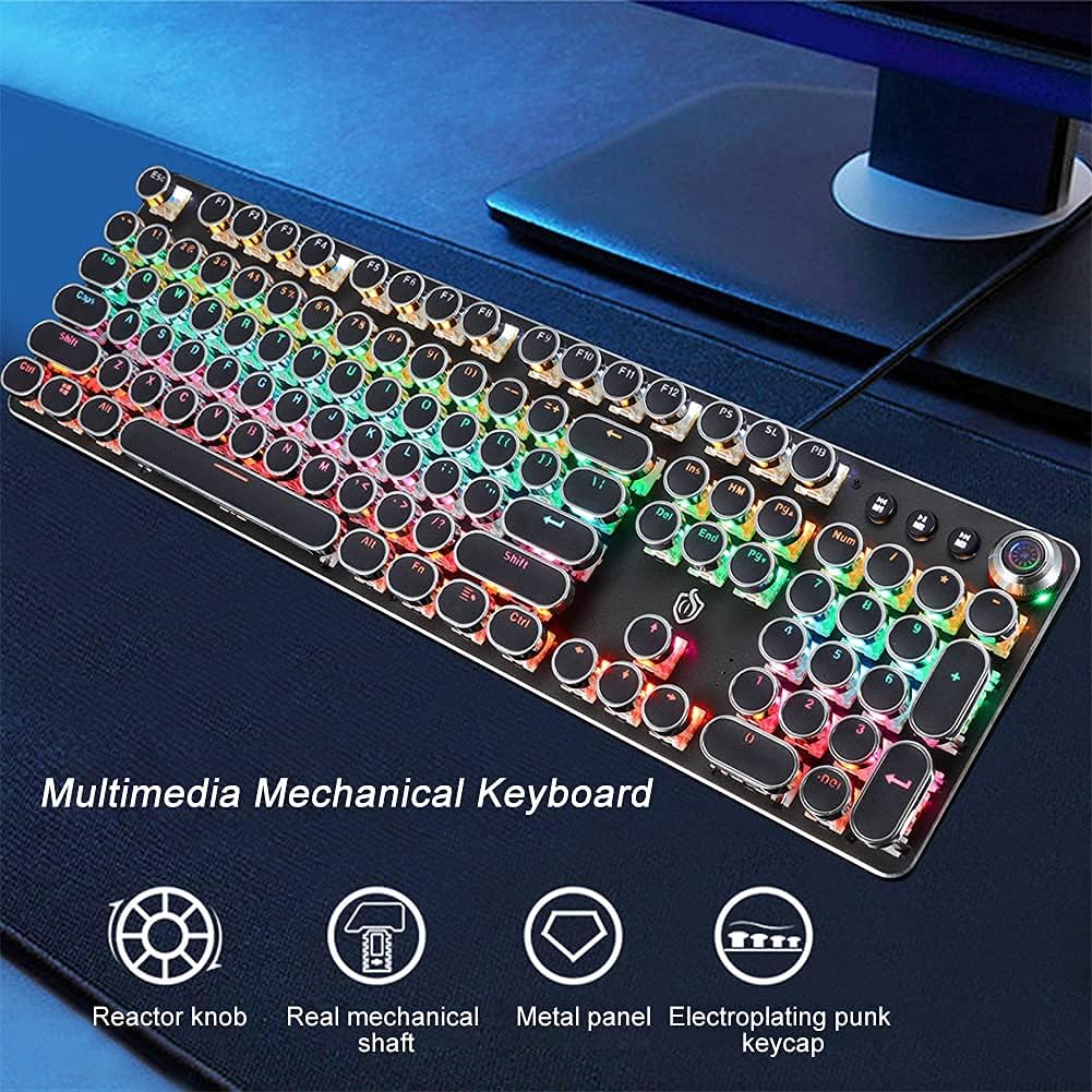 K820 Multimedia Mechanical Keyboard Retro Punk Button keycap Luminous Mechanical Keyboard Computer Game Wired Keyboard, BLACK, 45x14x3CM