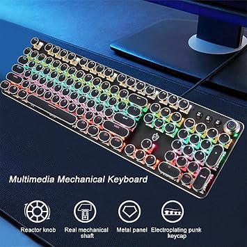 K820 Multimedia Mechanical Keyboard Retro Punk Button keycap Luminous Mechanical Keyboard Computer Game Wired Keyboard, BLACK, 45x14x3CM