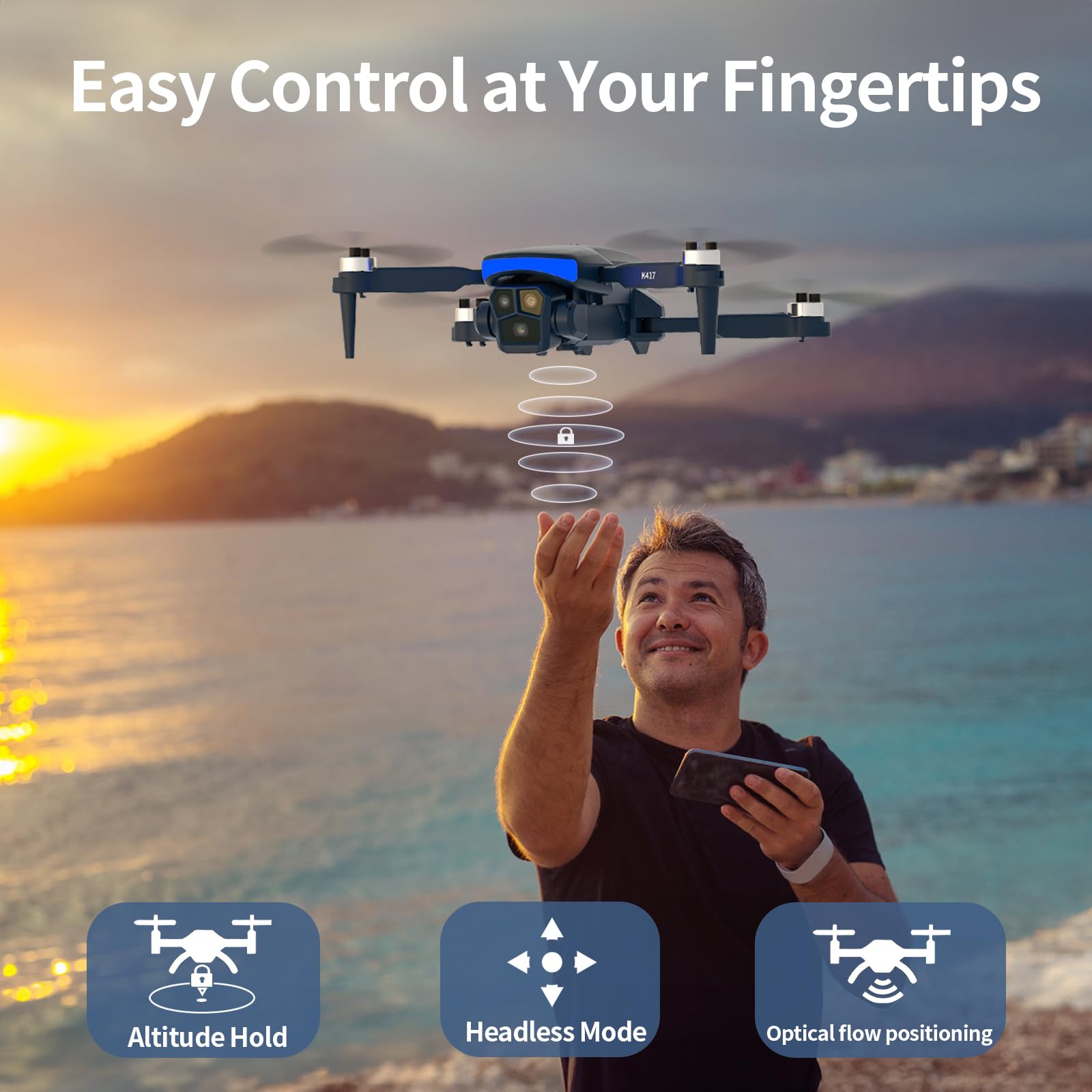 K417 Drone con Fotocamera HD 1080P, Regolabile 90°, Luci LED Blu, Posizionamento Ottico, Quadricottero RC FPV Pieghevole, Controllo Gestuale/VR, Decollo/Atterraggio Automatico, Custodia Trasporto