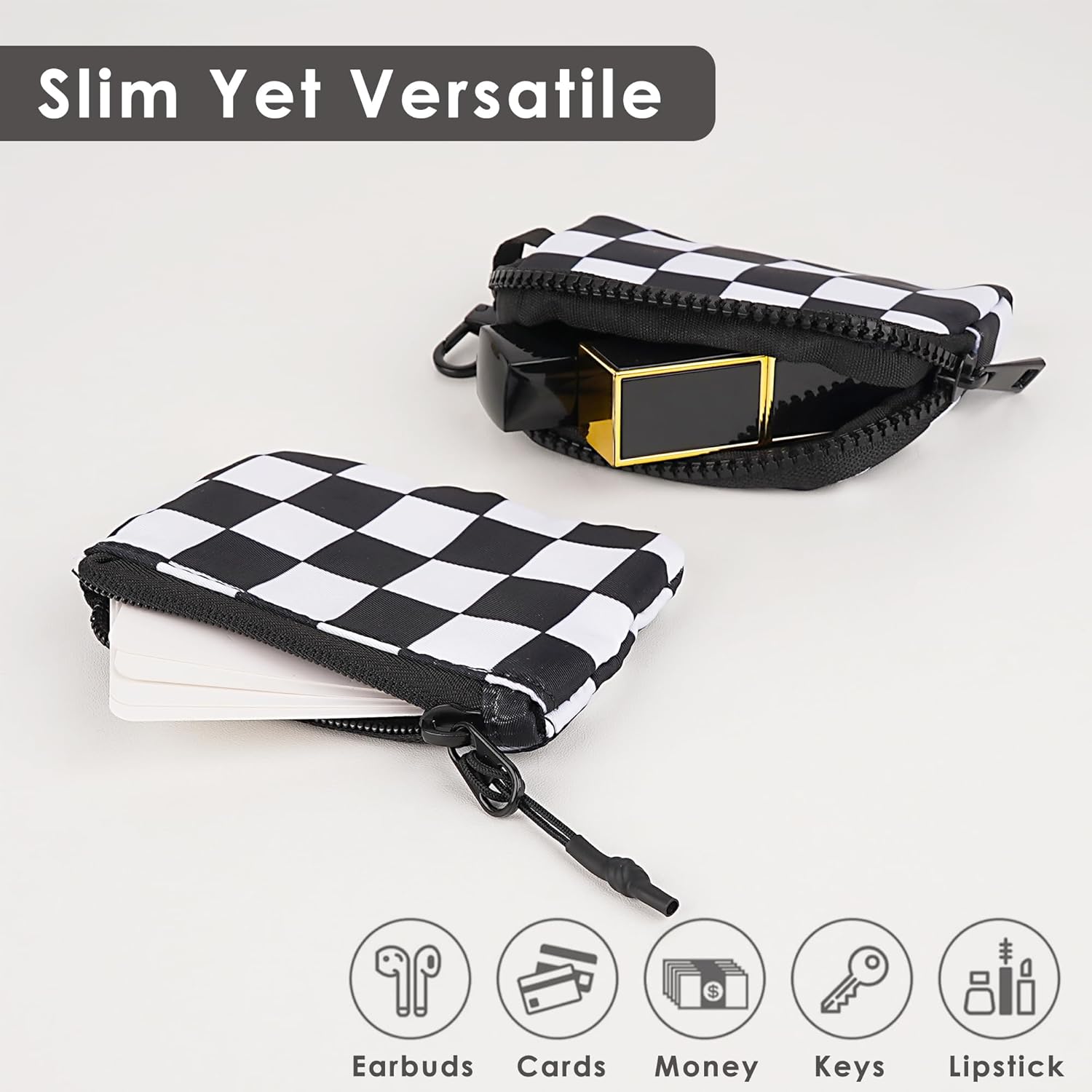 Wrist Keychain Mini Wallet for Women, Checkered Zip Around Wristlet Wallet, Detachable Dual Coin Purse, Black and White Plaid - Image 2