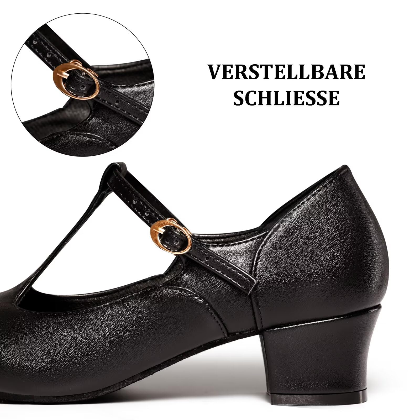 Standard Tanzschuhe Damen Flach 3 cm T-Riemen Schwarz Latein Tanzschuhe