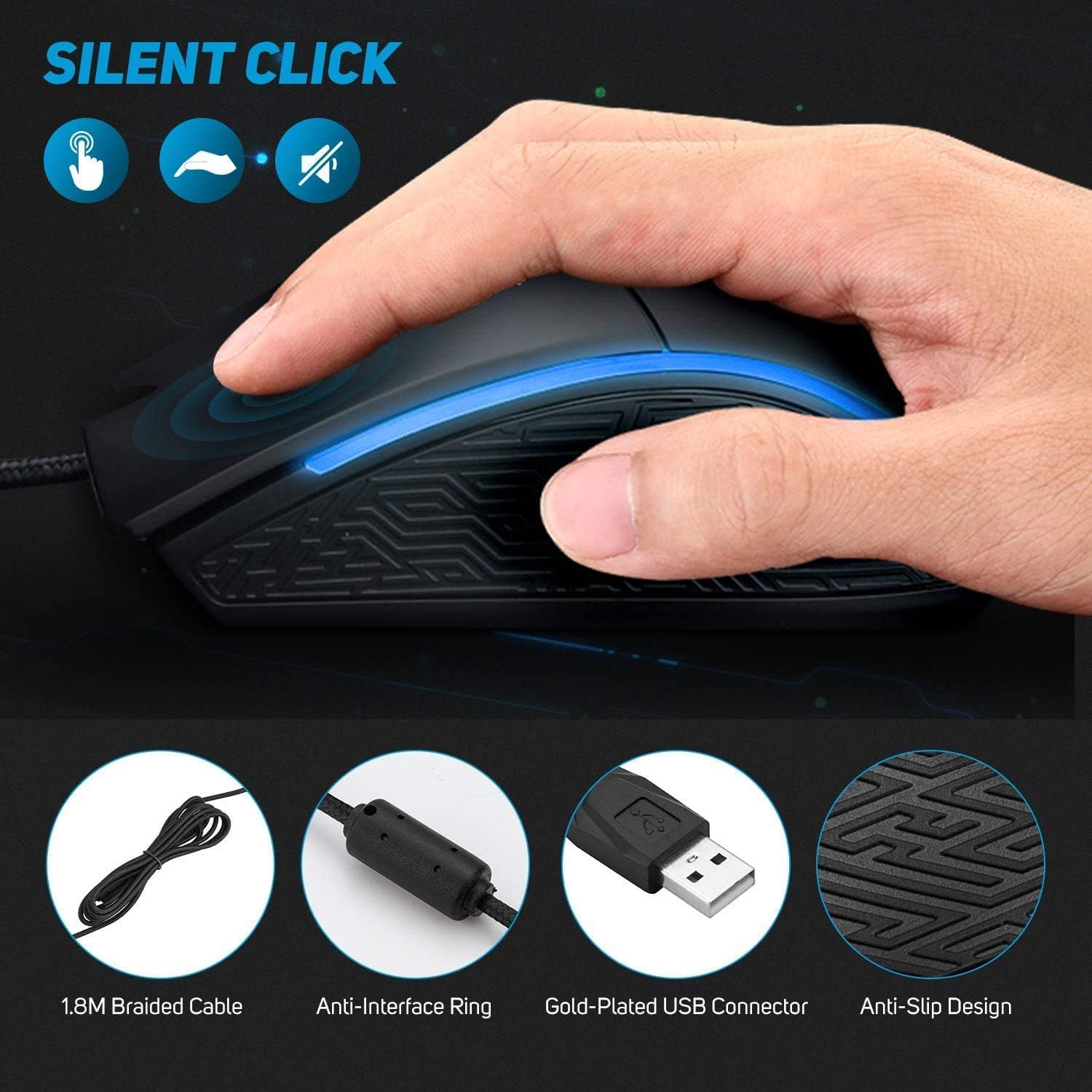 RGB Light Ergonomic Gaming Mouse Wired for PC Mac Laptop Computer USB, Cool LED Optical Gamer Mice, IN001