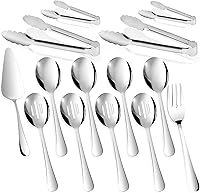 Gisly 14-Piece Stainless Steel Serving Utensils Set - Slotted Spoons, Forks, Tongs, Cake Server for Buffets, Weddings, Dinners (8.7-9 Inch, Silver)