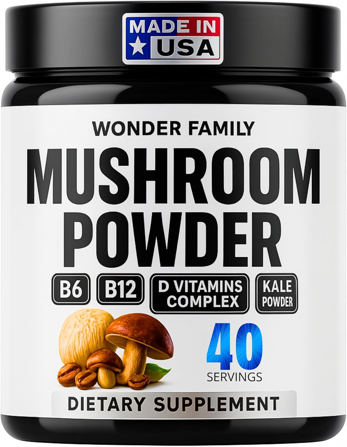 Adaptogenic Mushroom Cocoa Powder – Reishi, Chaga, Cordyceps, Shiitake – Caffeine-Free Nighttime Hot Chocolate Drink – Energy, Immunity & Wellness Support – B6, B12, D + Probiotics, Unsweet, 40