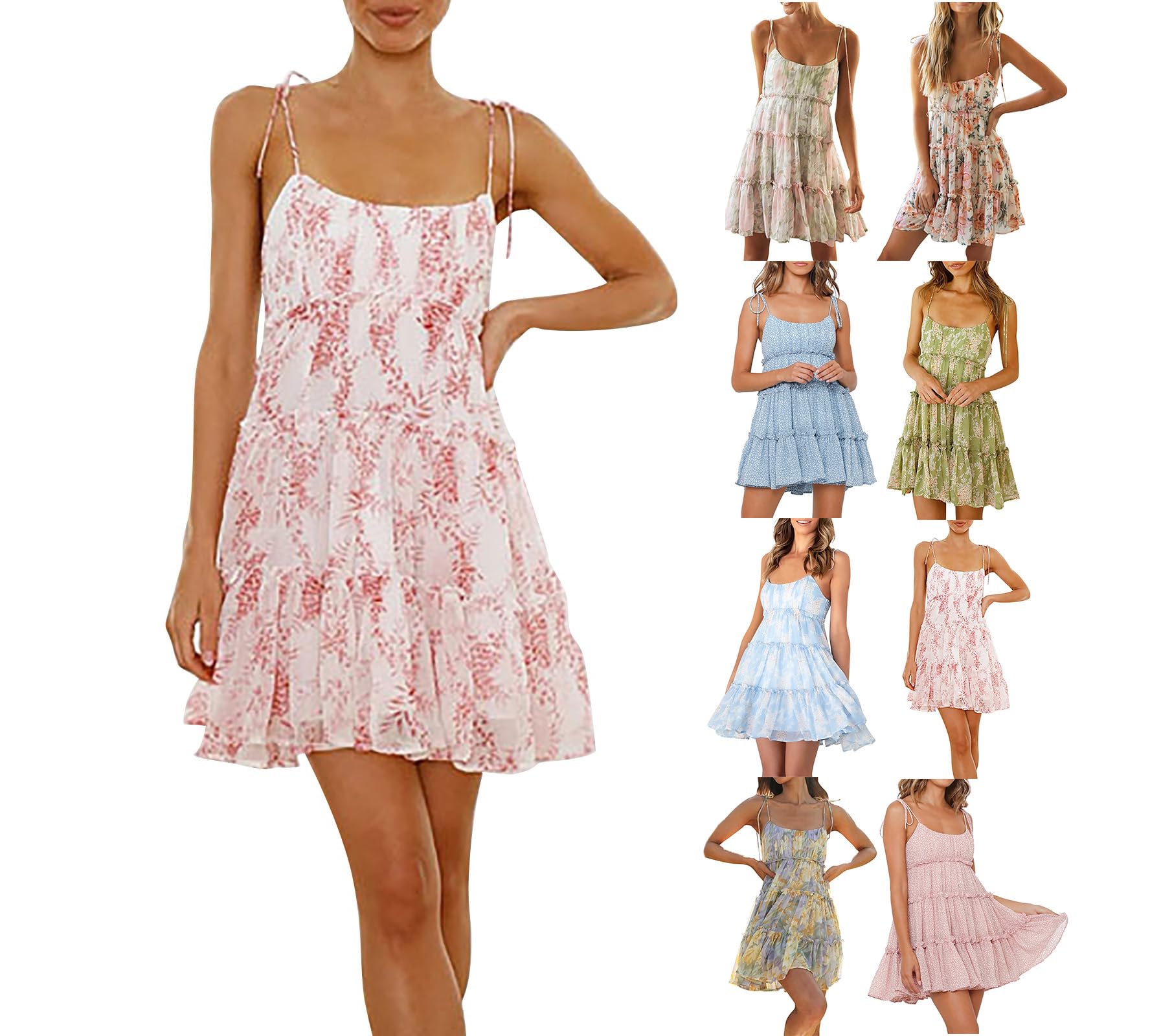 Floral Sundresses for Women Chiffon Mini Dress Spaghetti Strap A Line Vacation Dress Cute Smocked Sun Dresses