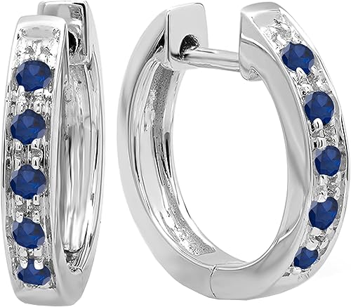 Dazzlingrock Collection Pendientes de aro redondos de oro de 10 quilates con zafiro azul y diamante blanco para mujer