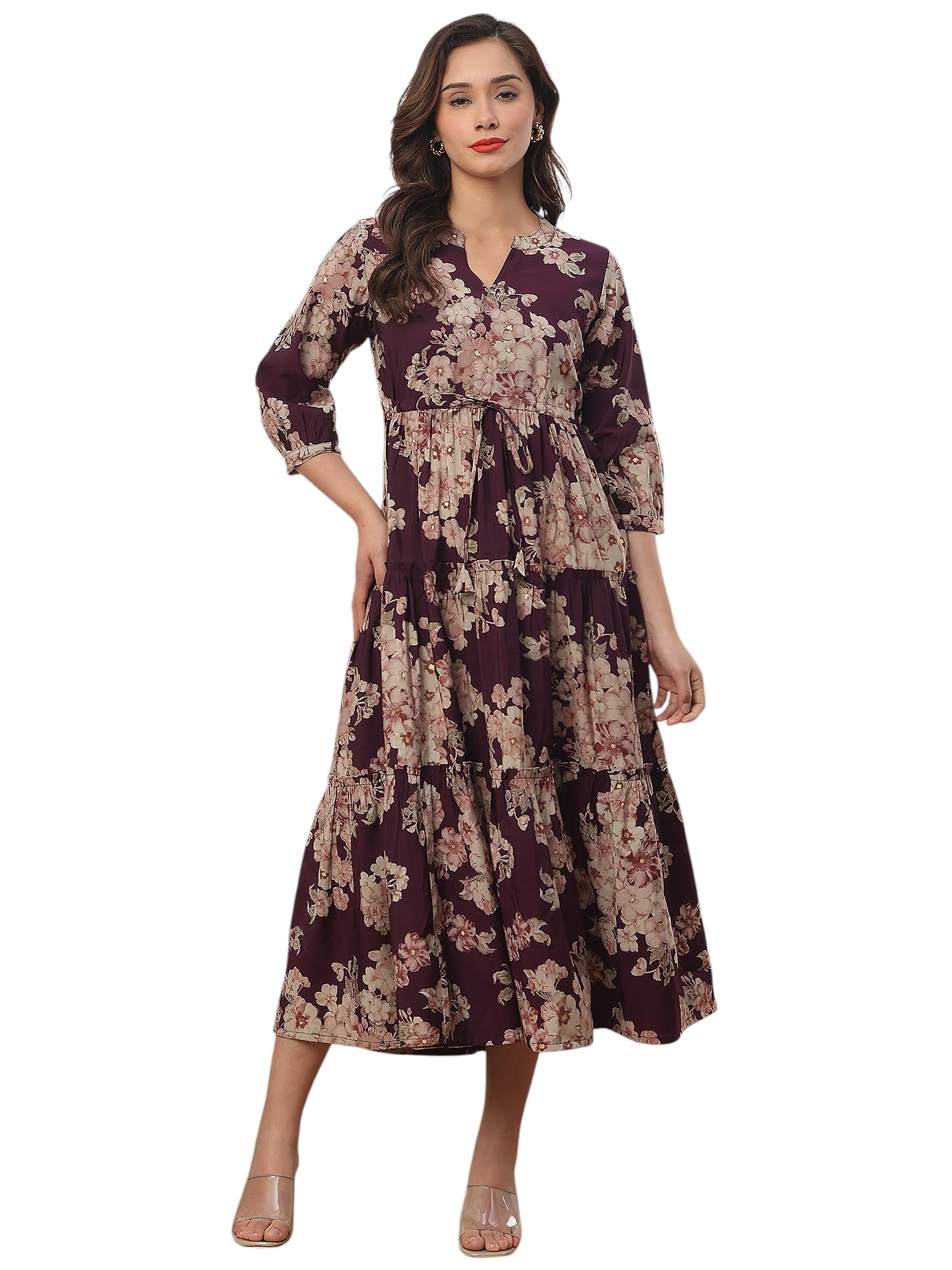Women's Floral Print Midi Dress, Black with Pink and Beige Flowers, V-Neck, 3/4 Sleeve, Tiered Ruffle Hem-image-11