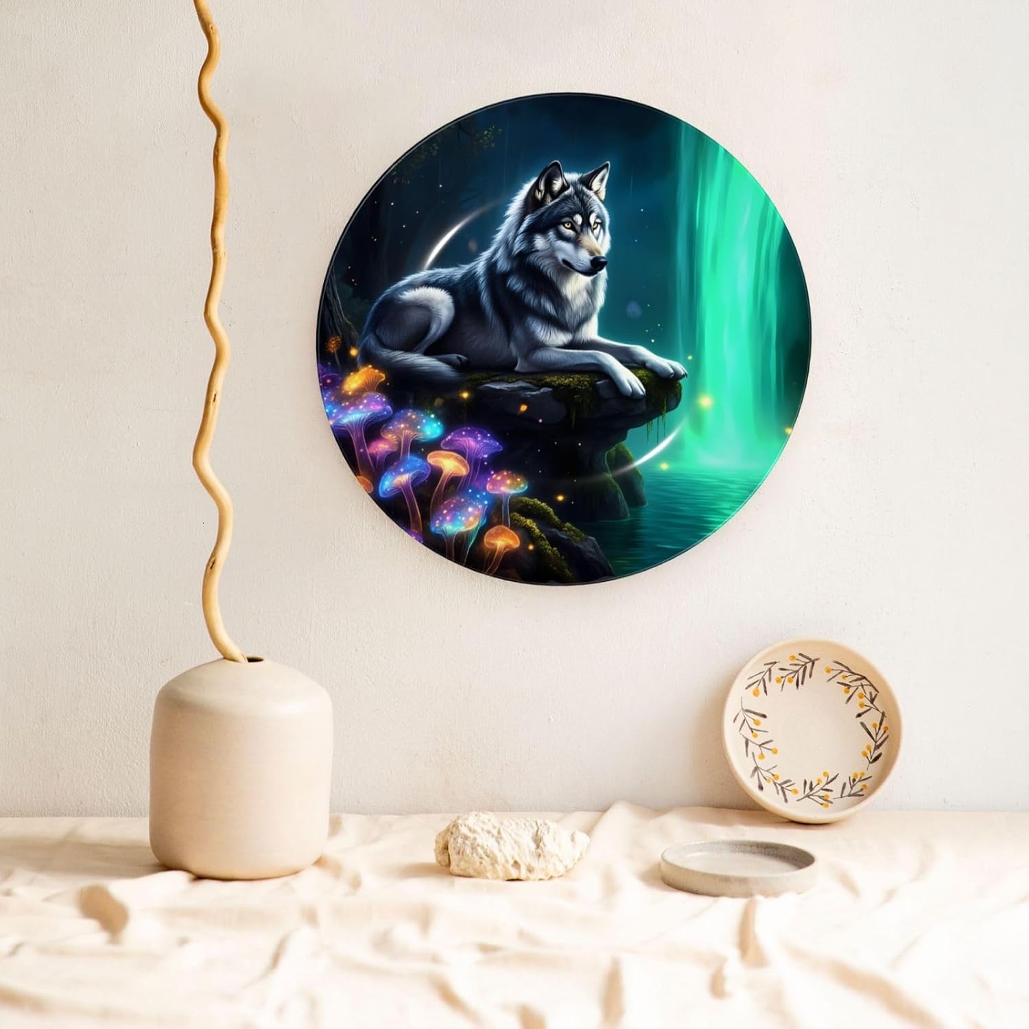 Wolf By Waterfall Flowers Style Ceramic Plate Display Decorative Plate With Stand Wall Hanging Plate For Home Decor 10 Inch