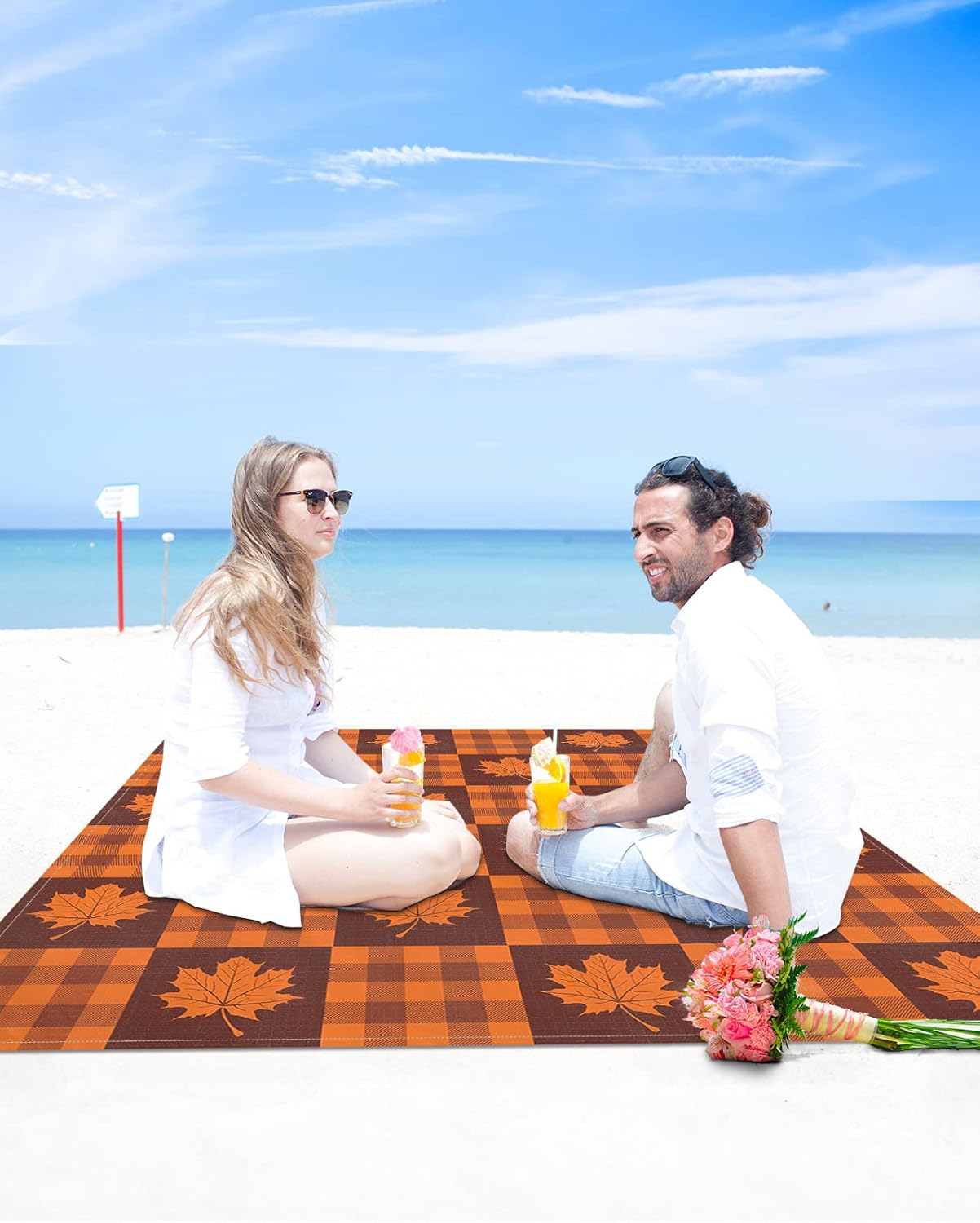 Autumn Farm Thanksgiving Leaves Buffalo Beach Blanket Waterproof Sandproof Outdoor Picnic Mat 95"x80" Autumn Orange Plaid Lightweight Large Beaach Blankets with 4 Stake & 4 Corner Pockets