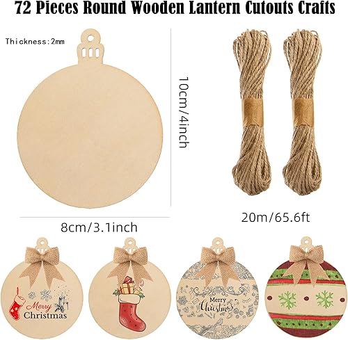 Miniatura 2 de 72 piezas de adornos de Navidad de madera, círculos de madera sin terminar con agujeros, discos redondos de madera, rebanadas de madera en blanco,