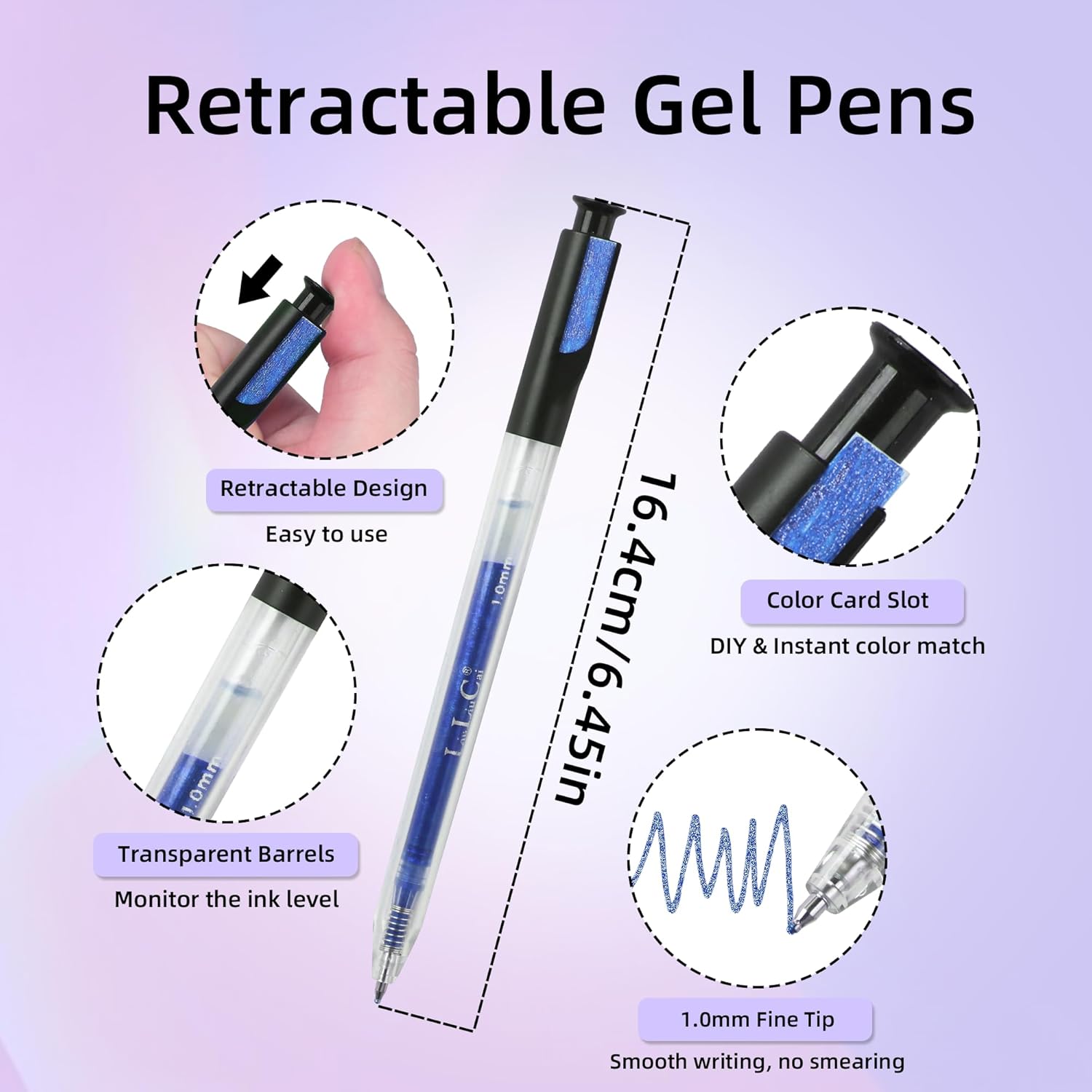 LIULIUCAI 24 Colors Retractable Glitter Gel Pens, Large Capacity Metallic Sparkle Gel Ink Pens &1.0 mm Fine Tip, Colored Glitter Pens for Adult Coloring Book Drawing Note Taking Writing Doodling
