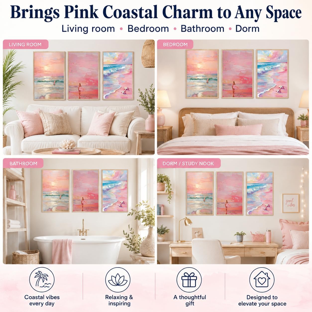 3 Pcs Pink Coastal Wall Art, Abstract Ocean Beach Sunset Wall Decor, Modern Surf Girl Seascape Posters Prints, Pink Aesthetic Painting Pictures for Living Room Bedroom Canvas Home Decor, Unframed