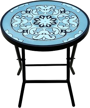 Backyard Expressions Folding Glass Patio Side Table-Mosaic Pattern-18 Inch