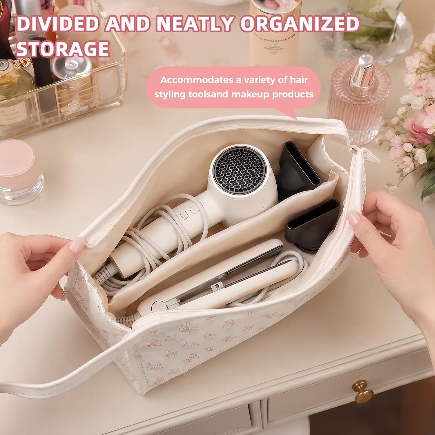 Gosect Hair Tools Travel Bag Compatible with Dyson Airwarp Styler, Portable Hair Dryer Carrying Case for Shark Flex style, Curling Iron, Flat Iron Hot Tools Storage Bag(Pink Bow) image 5