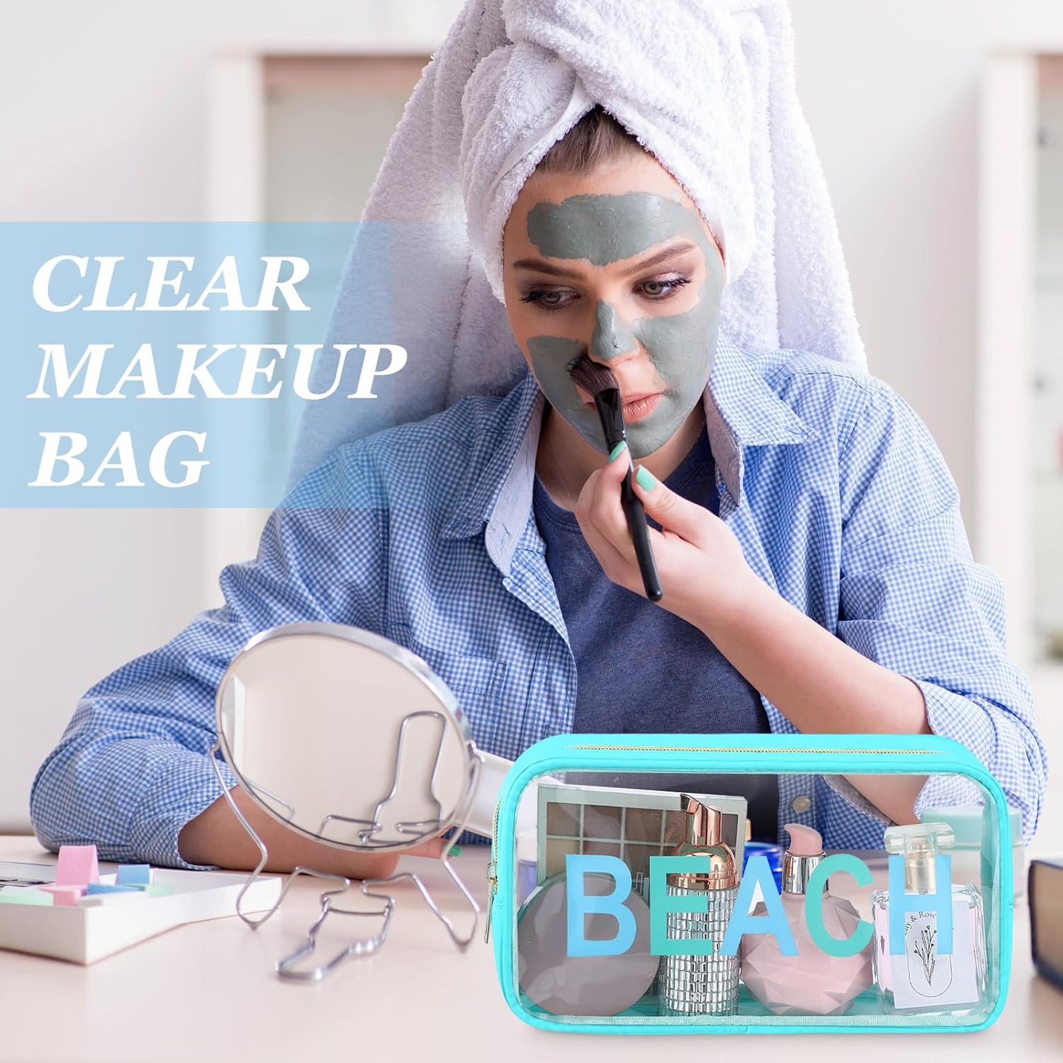 Cunno 6 Pcs Clear Beach Makeup Bag Beach Vacation Essentials Nylon Clear Travel Pouch Cosmetic Sunscreen Bags Swim Pouch Waterproof PVC Organizer Summer Travel Toiletry Case for Women
