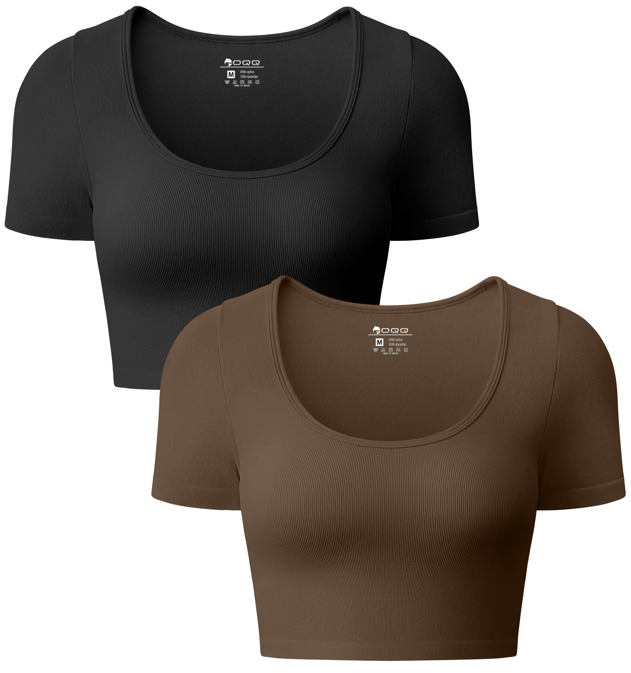 OQQWomen's 2 Piece Crop Tops Sexy Ribbed Seamless Short Sleeve Shirts Scoop Neck Top