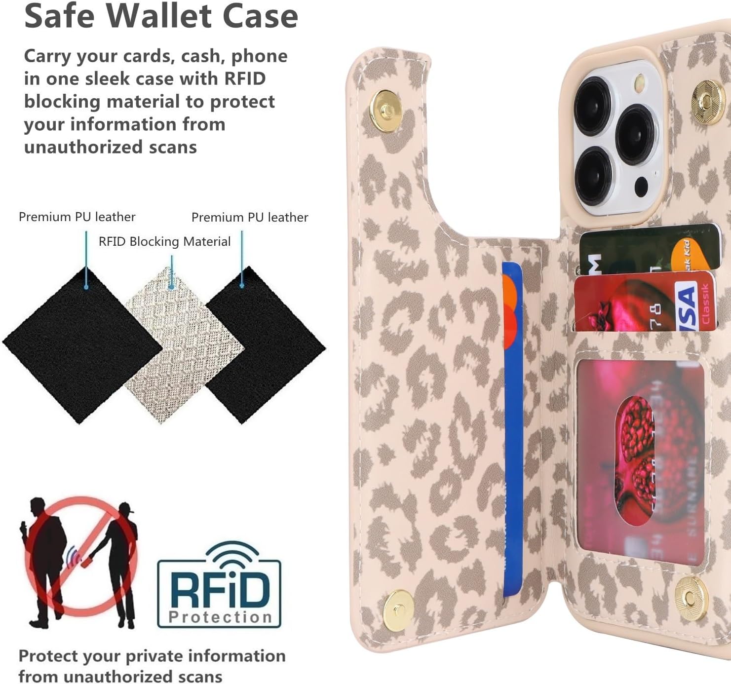 iCoverCase Compatible with iPhone 13 Pro Case with Card Holder, Wallet Phone Case for Women Men RFID Blocking PU Leather Protective Case 6.1 Inch (Beige Leopard) - Image 4
