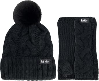 Nicole Miller Winter Hat Cable Knit Beanie and Arm Warmer Sleeves for Women Fashion Long Fingerless Gloves