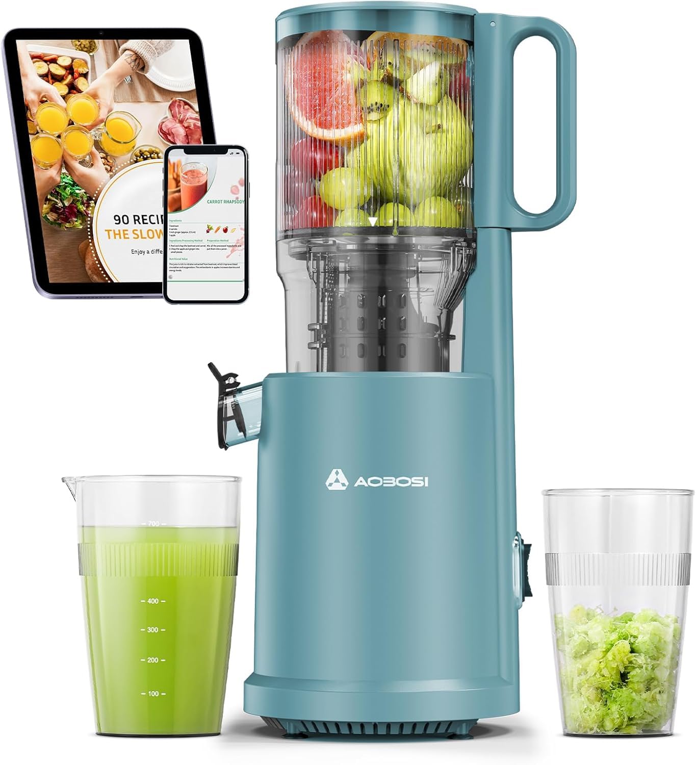 Extracteur de jus AOBOSI-Mini Presse-agrumes électrique lent avec fonction de mastication inversée-extracteur de jus de fruits et légumes avec brosse et 2 Tasses-centrifugeuse extracteur de jus