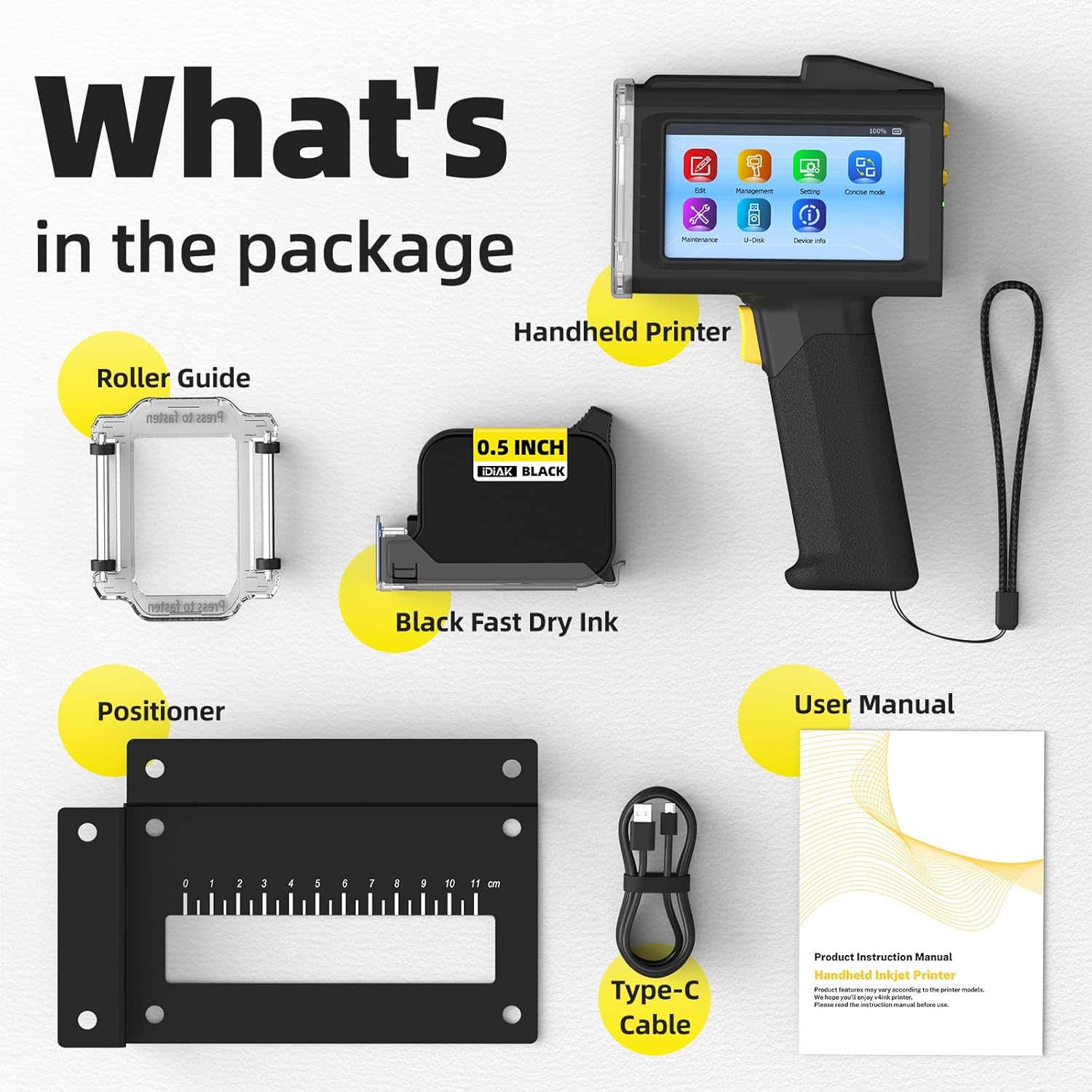 0.5 Inch Nozzle Handheld Inkjet Printer Gun, Inkjet Coding Machine with 42ml Quick-Drying Ink for Marking Batch Number Production Date Barcode QR Code Logo on Carton Wood Plastic Glass Metal (Black)